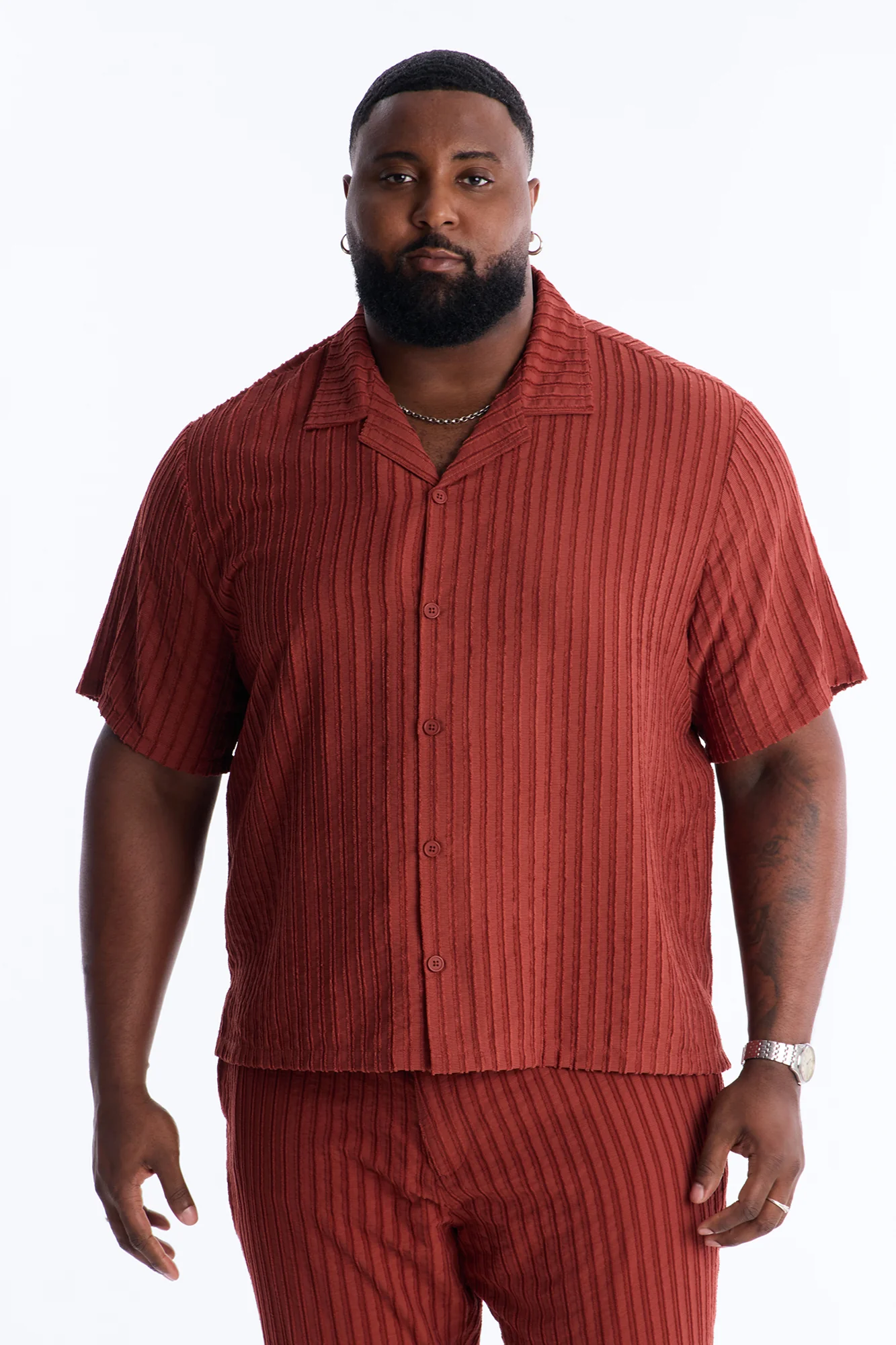 Relaxed Aegean Pleat Cuban Collar Button Up - Rust - Image 6