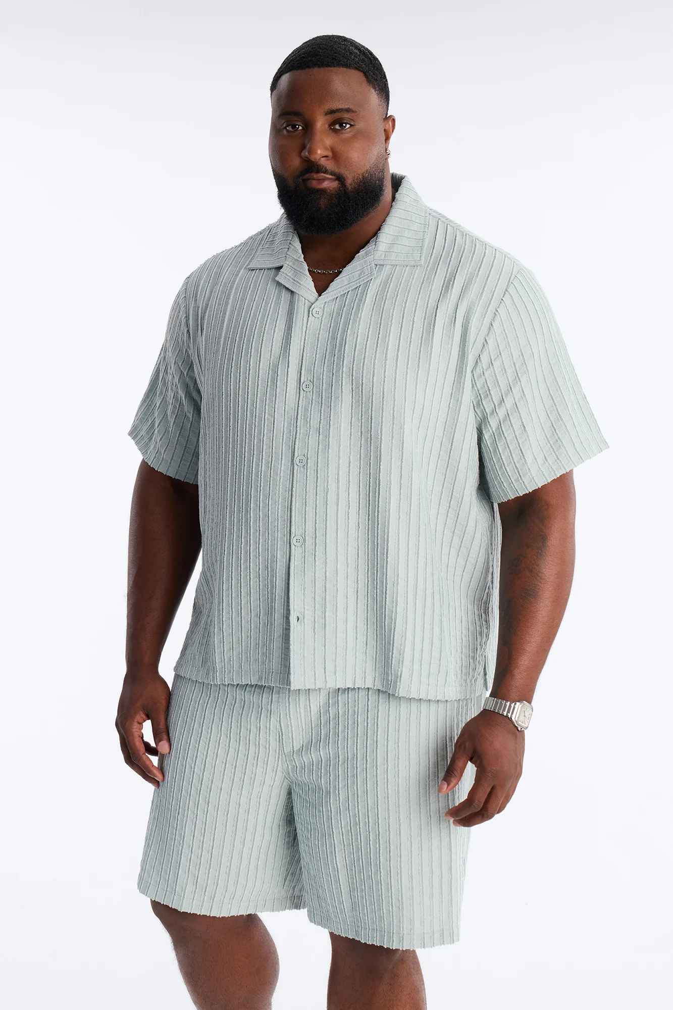 Relaxed Aegean Pleat Cuban Collar Button Up - Sage - Image 5