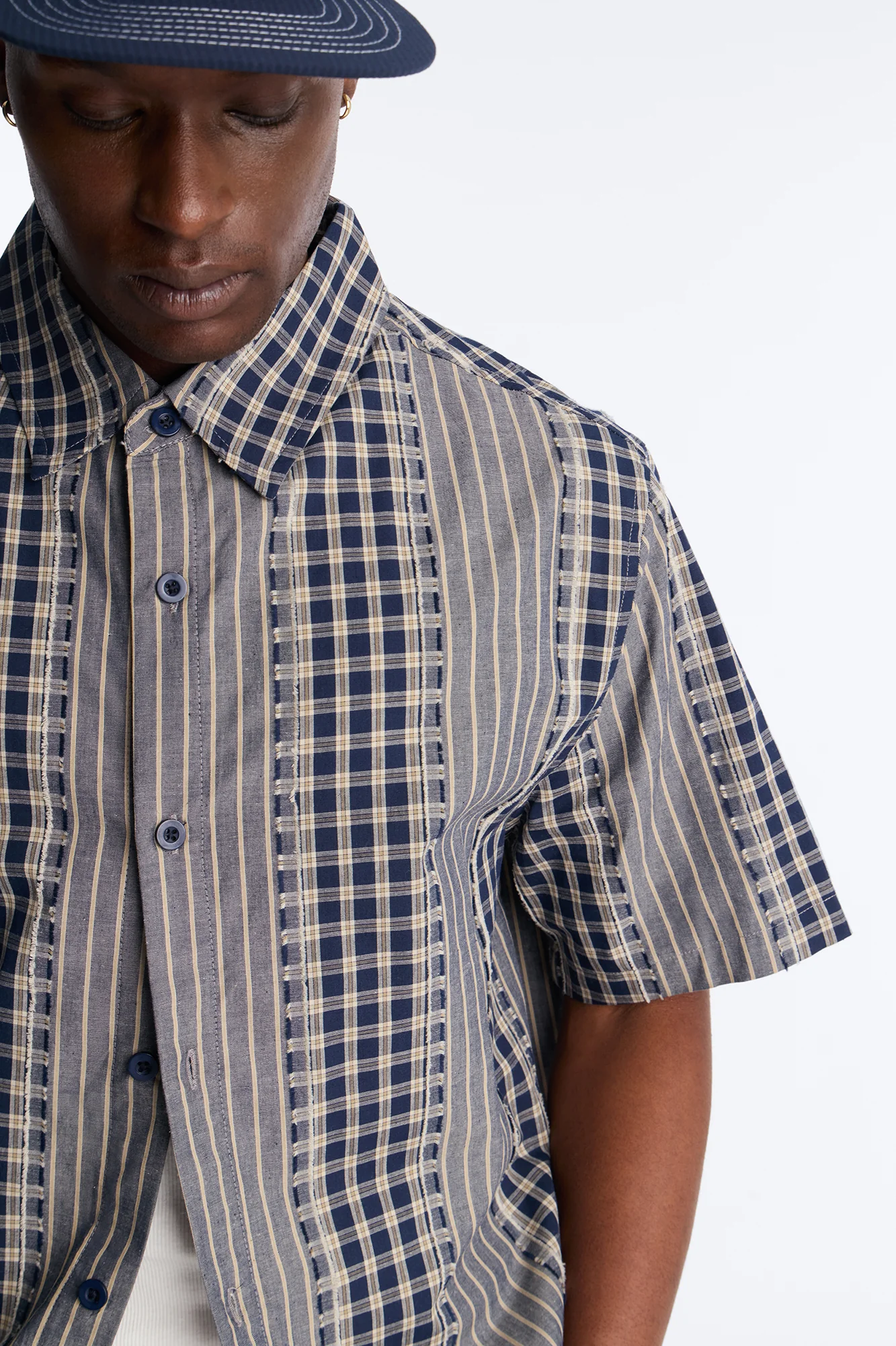 Relaxed Cropped Creekside Stripe Distressed Button Up Shirt - Navy - Image 3