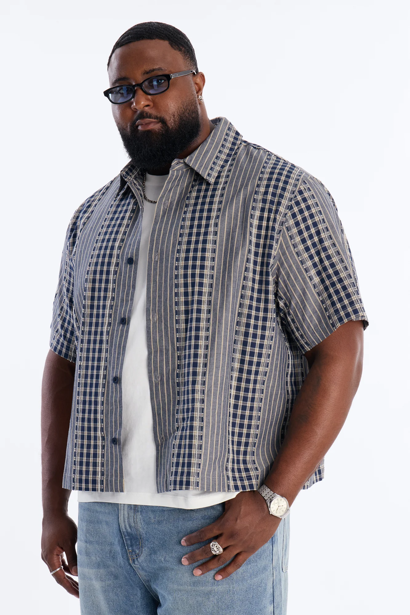Relaxed Cropped Creekside Stripe Distressed Button Up Shirt - Navy - Image 5