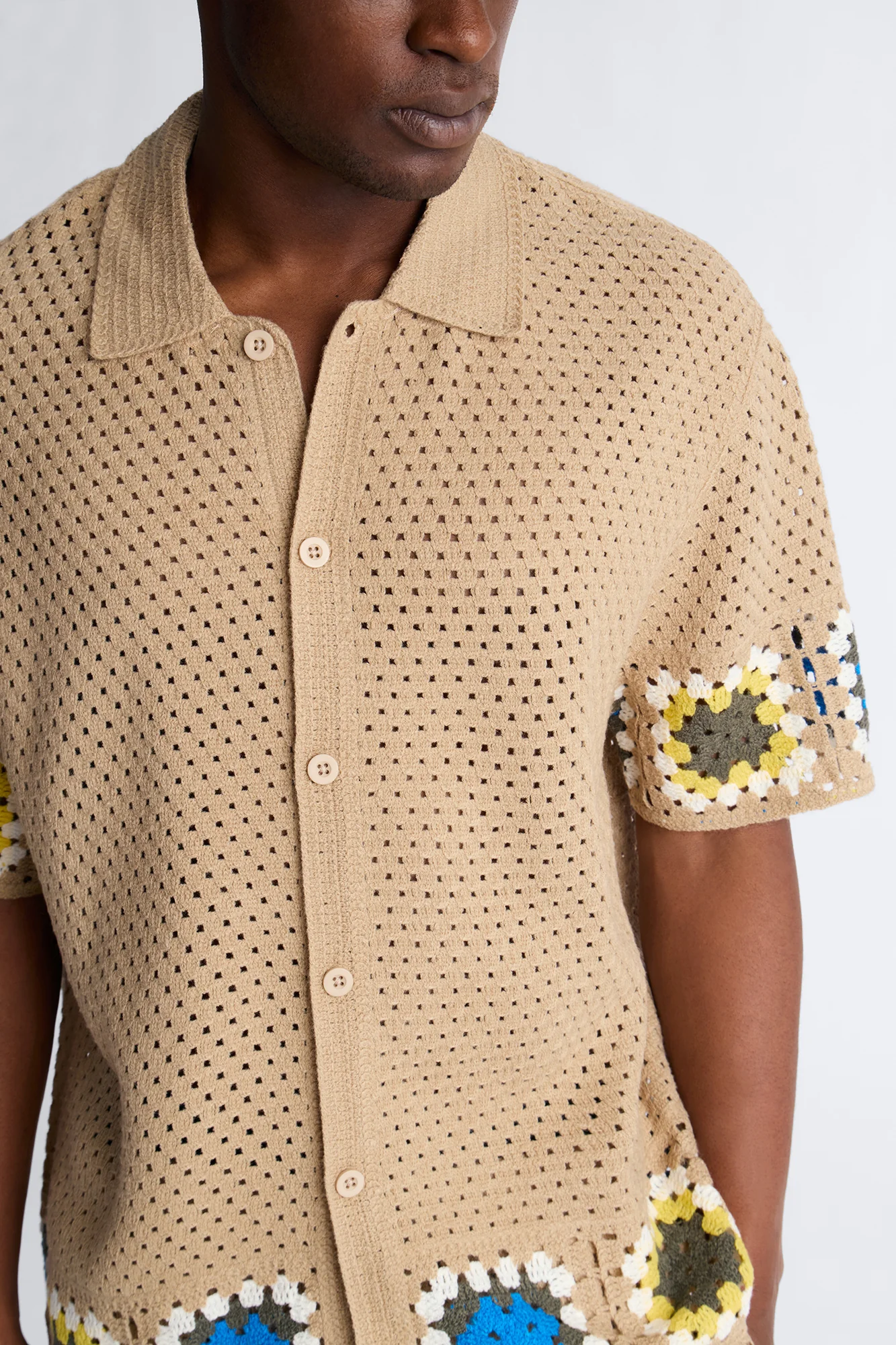 Relaxed Daisy Daze Crochet Button Up Shirt - Tan - Image 3