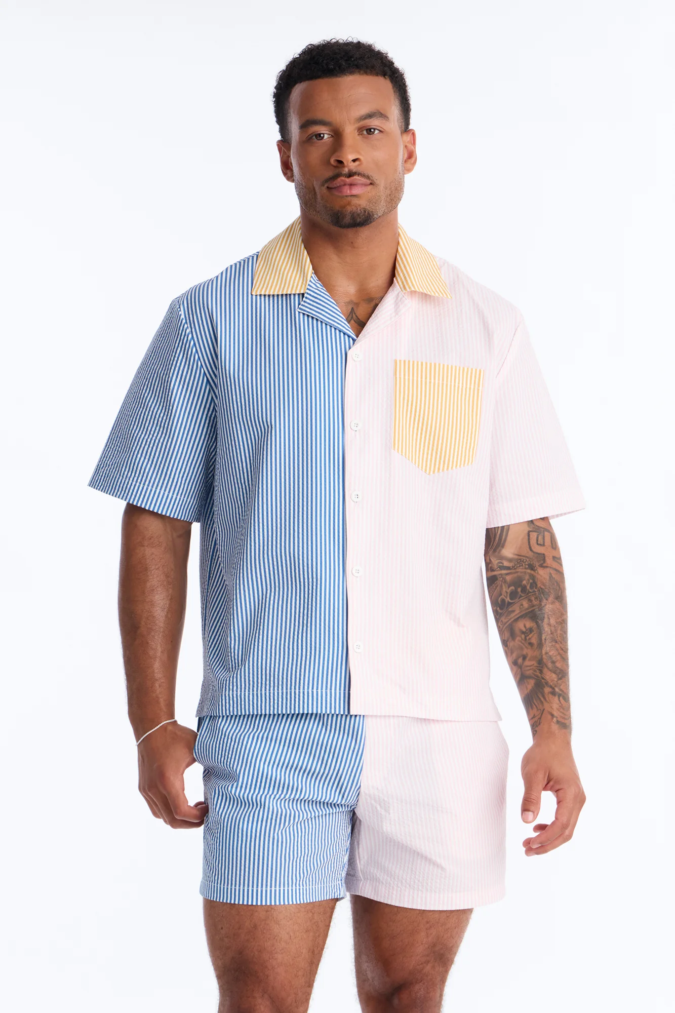 Relaxed Day Party Seersucker Striped Cuban Collar Button Up Shirt - Multi Color