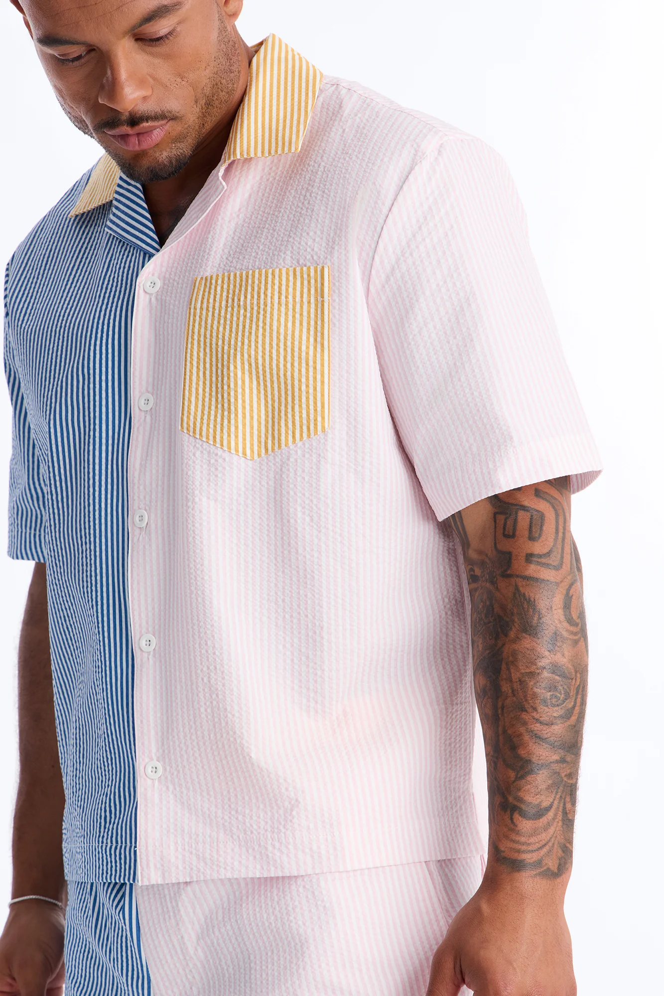 Relaxed Day Party Seersucker Striped Cuban Collar Button Up Shirt - Multi Color - Image 3