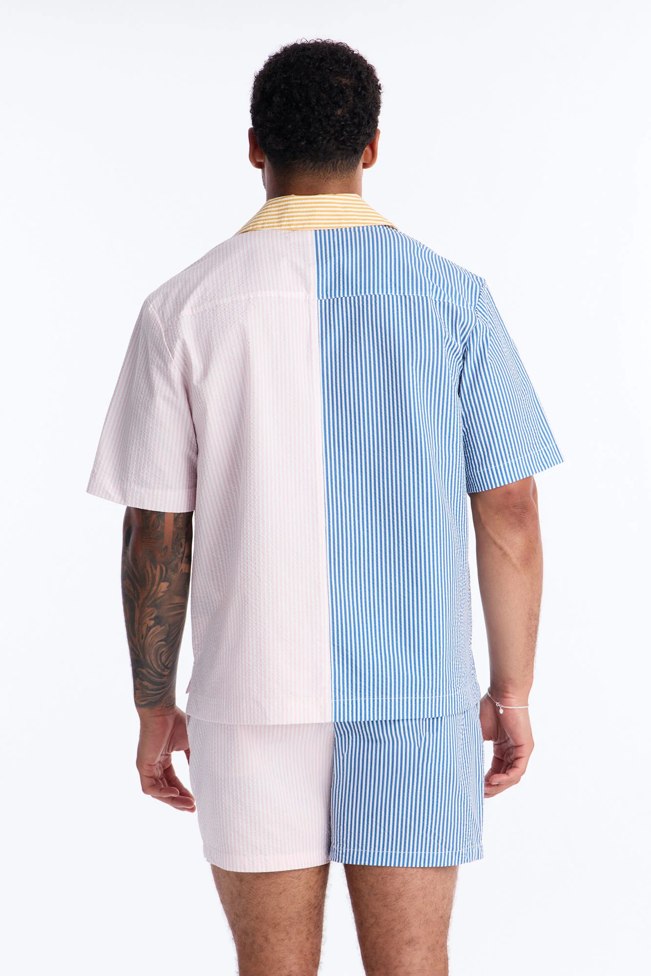 Relaxed Day Party Seersucker Striped Cuban Collar Button Up Shirt - Multi Color - Image 4
