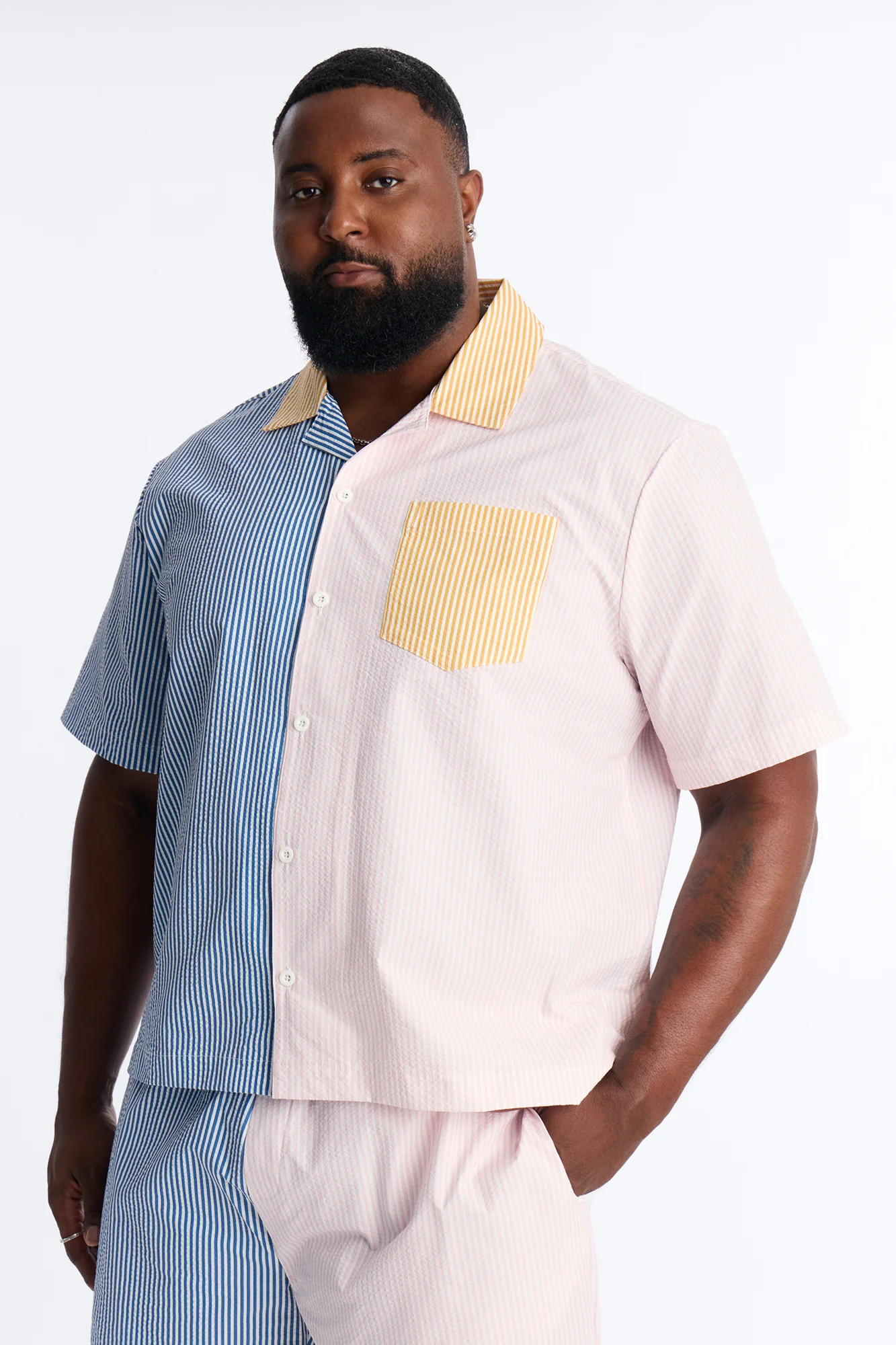 Relaxed Day Party Seersucker Striped Cuban Collar Button Up Shirt - Multi Color - Image 5