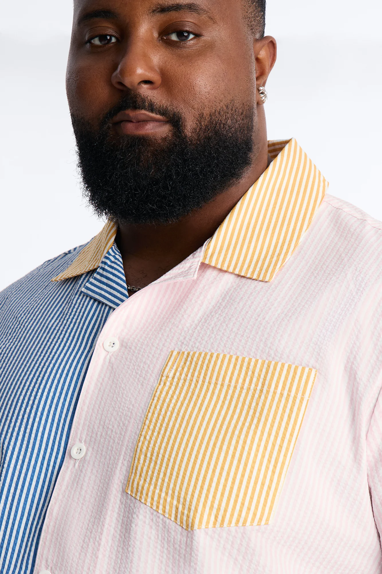 Relaxed Day Party Seersucker Striped Cuban Collar Button Up Shirt - Multi Color - Image 7