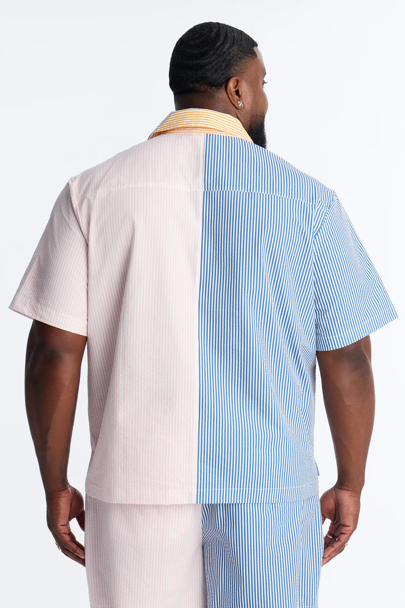 Relaxed Day Party Seersucker Striped Cuban Collar Button Up Shirt - Multi Color - Image 8