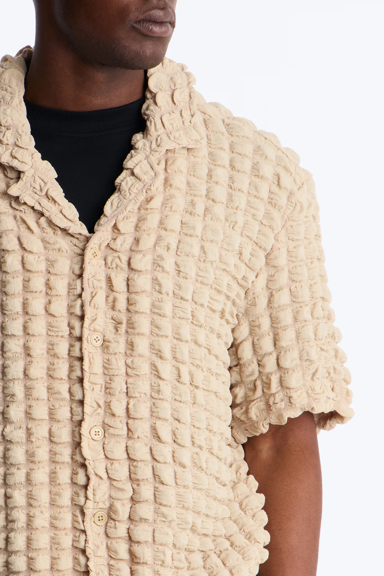 Relaxed Effervesce Textured Button Up Shirt - Tan - Image 3