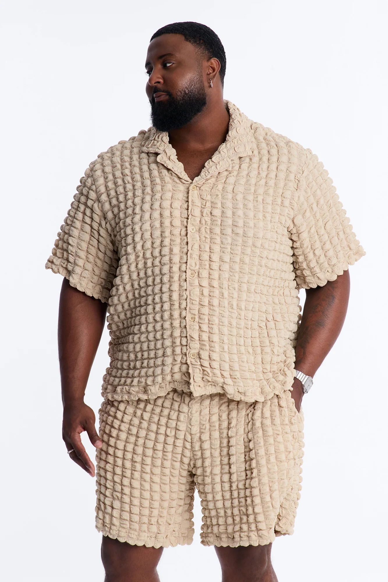 Relaxed Effervesce Textured Button Up Shirt - Tan - Image 5