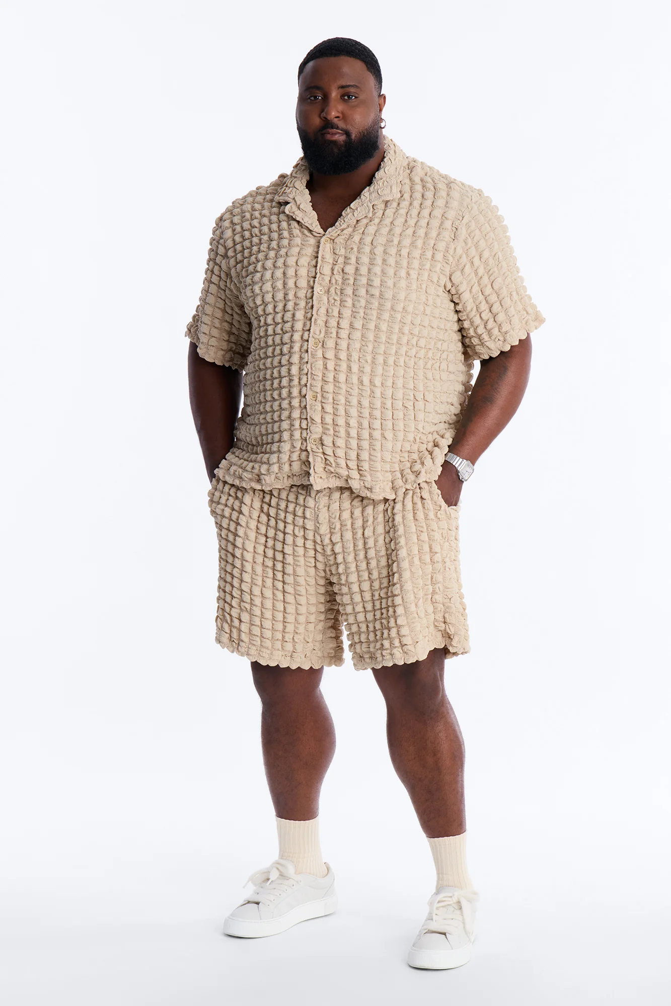 Relaxed Effervesce Textured Button Up Shirt - Tan - Image 6