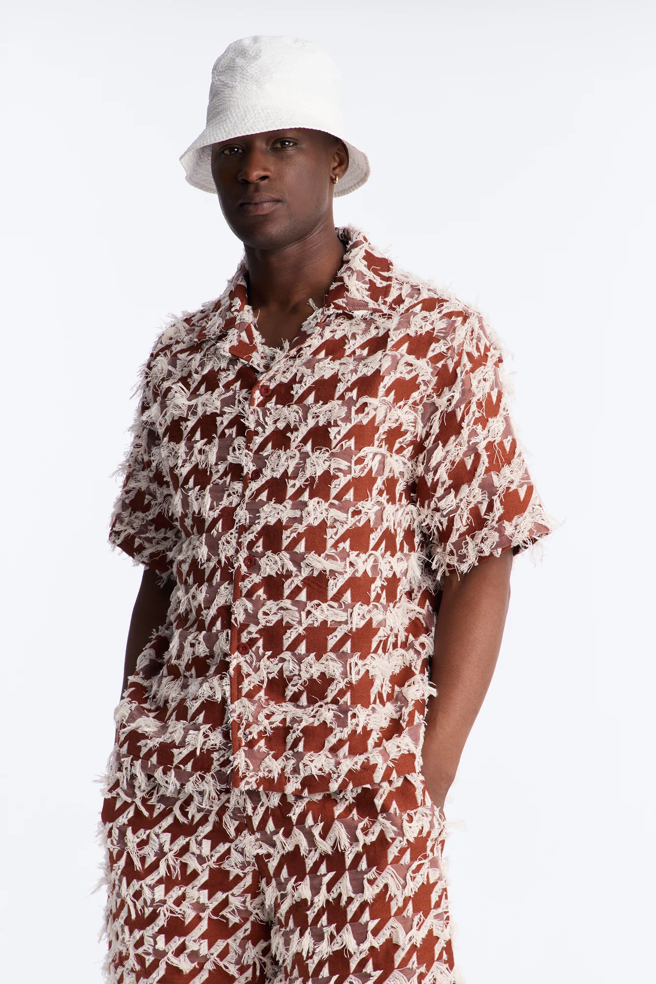 Relaxed Houndstooth Nomad Cuban Collar Button Up Shirt - Brown