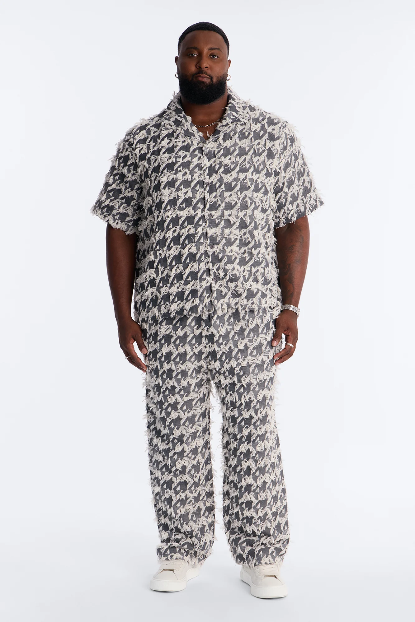 Relaxed Houndstooth Nomad Cuban Collar Button Up Shirt - Grey - Image 6