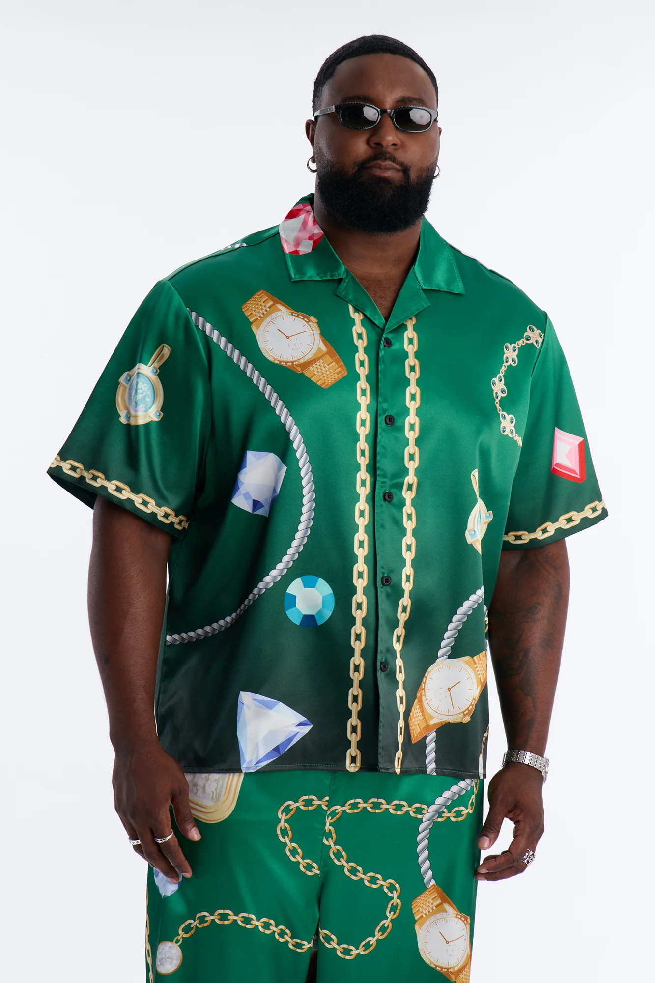Relaxed Imperial Luxe Jewel Printed Cuban Collar Button Up Shirt - Green/combo