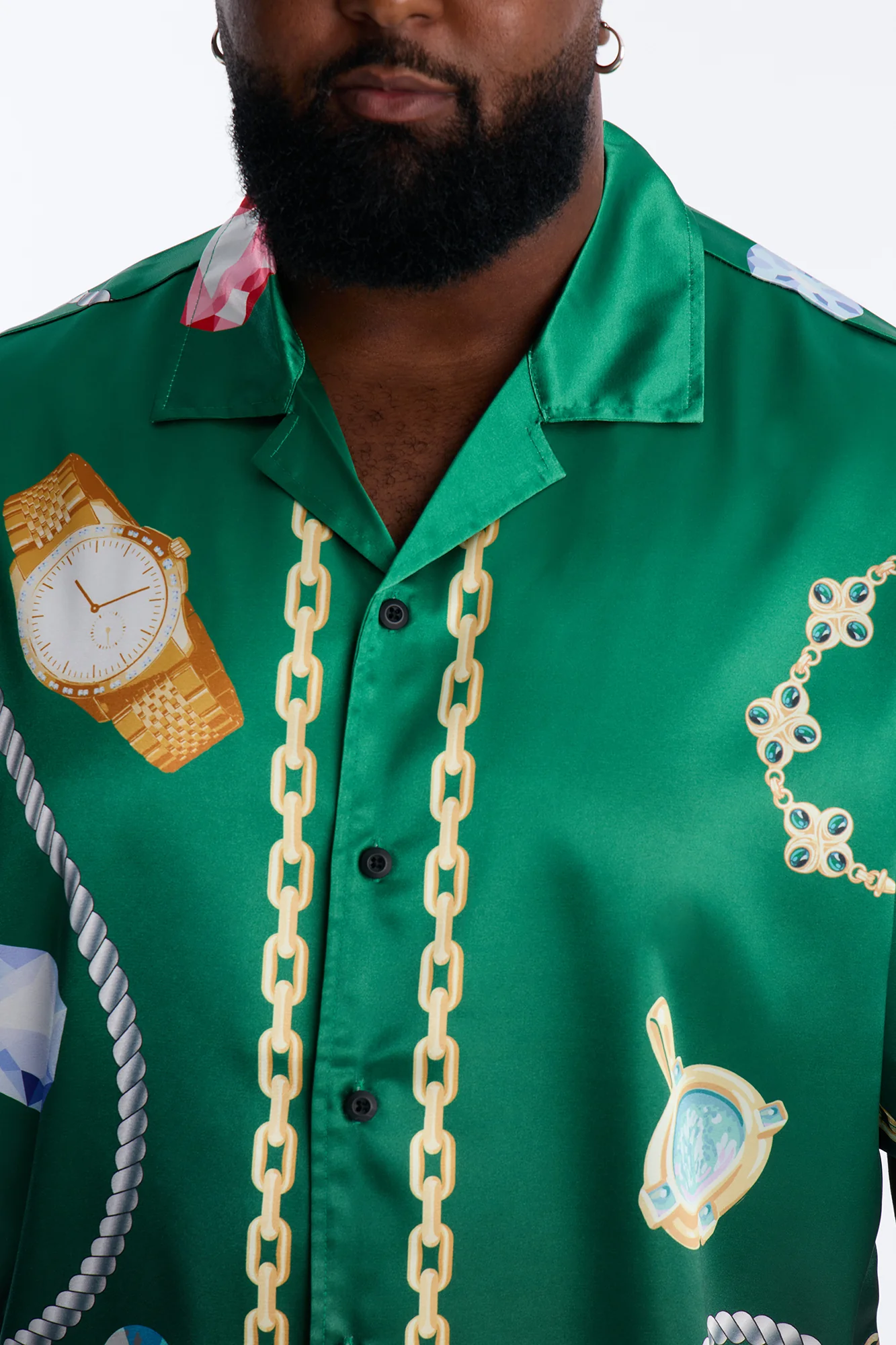 Relaxed Imperial Luxe Jewel Printed Cuban Collar Button Up Shirt - Green/combo - Image 3