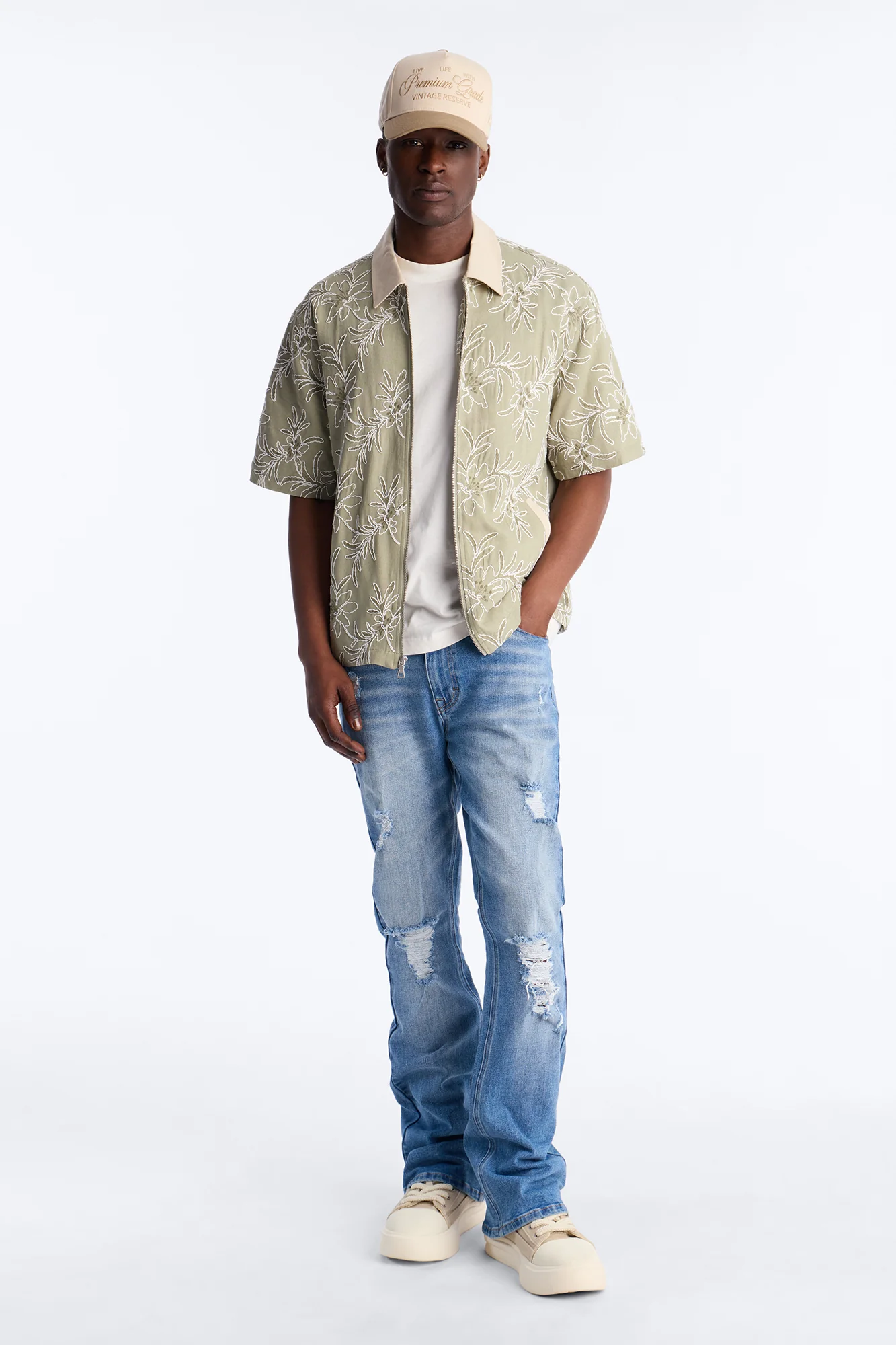 Relaxed Island Riot Embroidered Zip Shirt - Olive