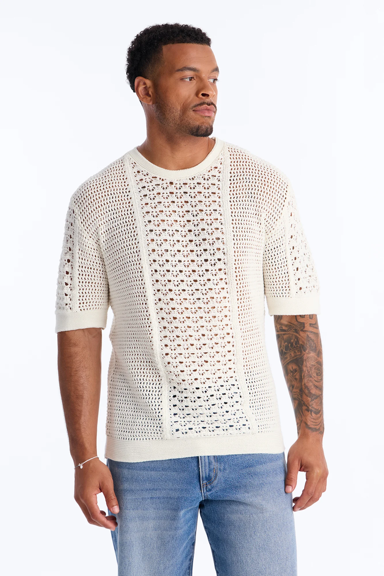 Relaxed Jonathon Crochet Crewneck Tee - Cream