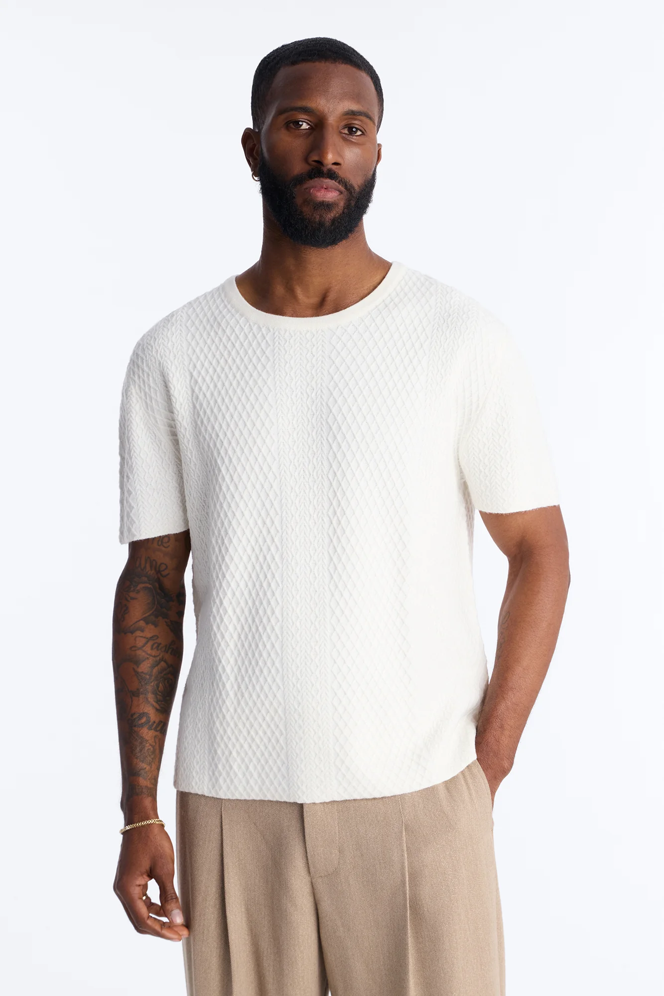 Relaxed Knitted Crewneck Tee - Cream