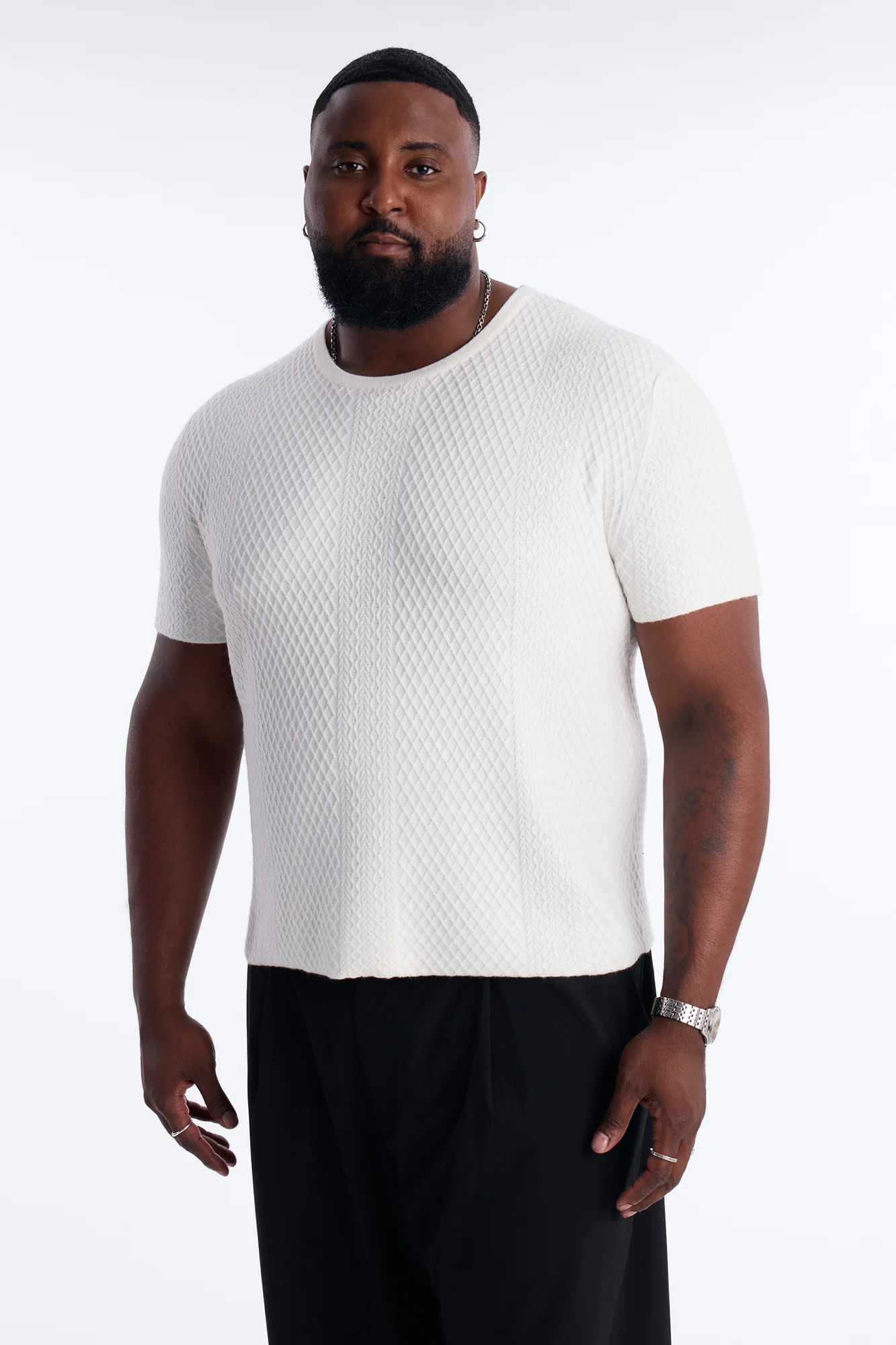 Relaxed Knitted Crewneck Tee - Cream - Image 5