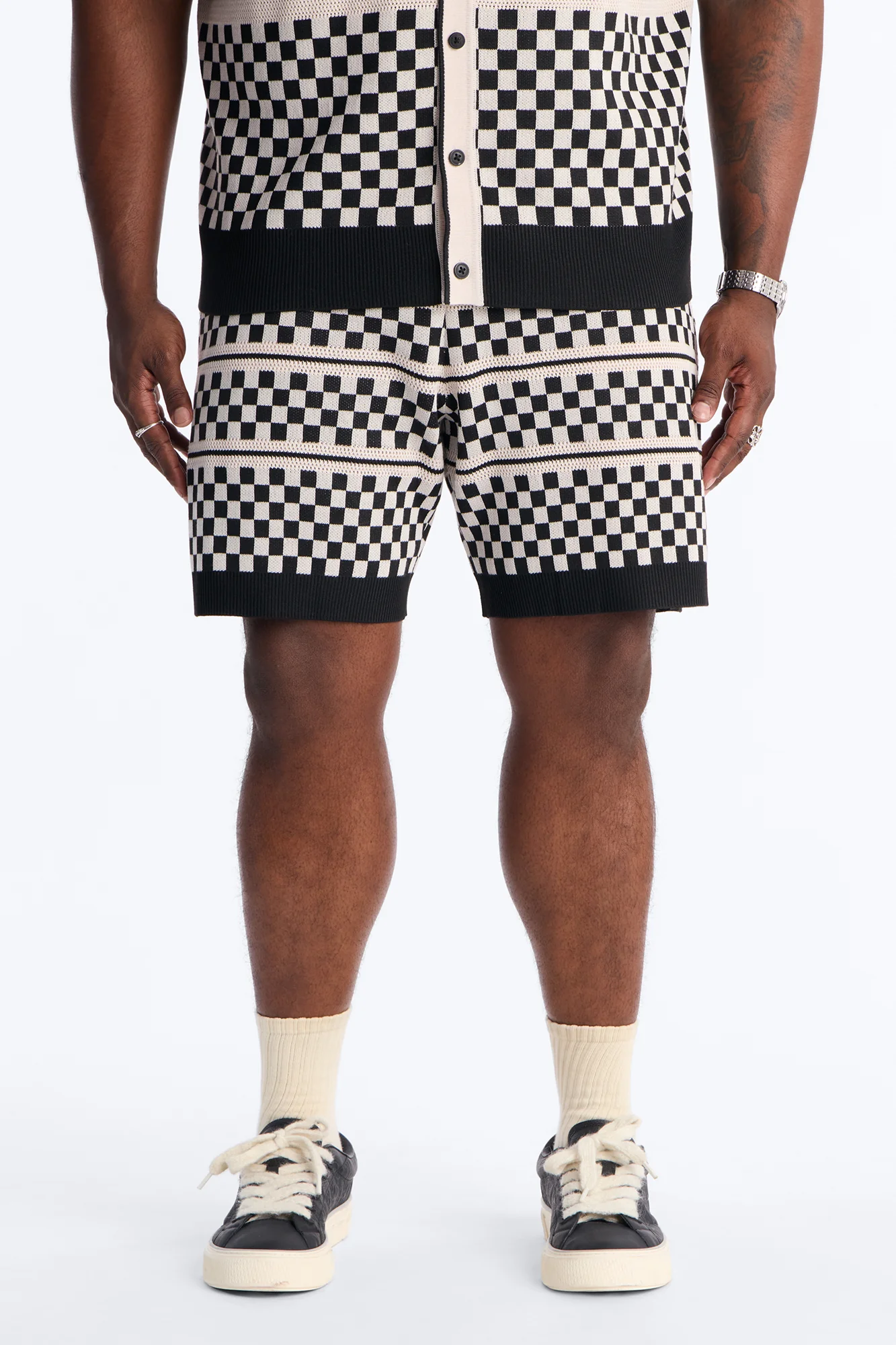 Relaxed Knitted Pawn Checker Short - Black/combo - Image 5