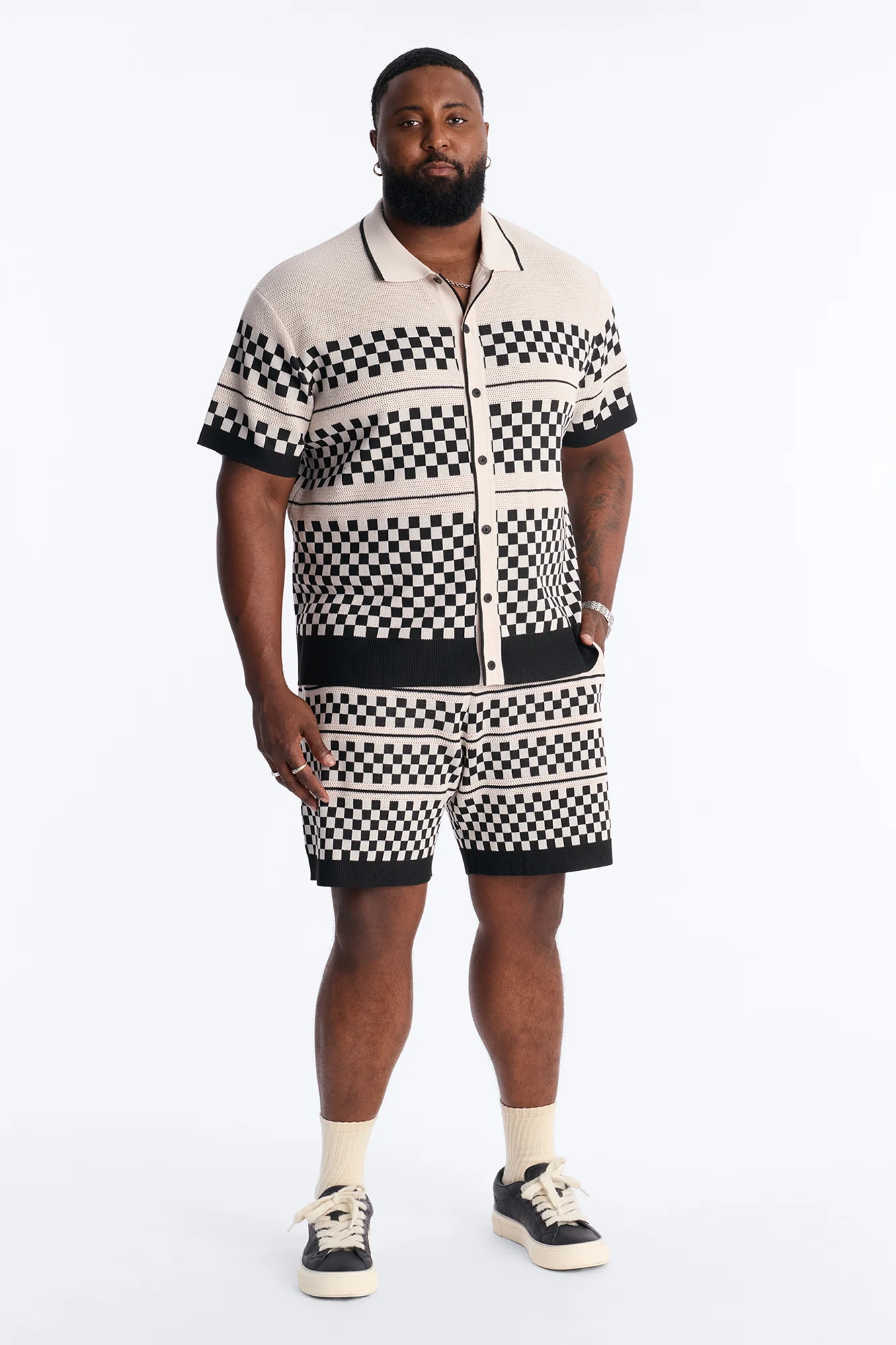 Relaxed Knitted Pawn Checker Short - Black/combo - Image 6