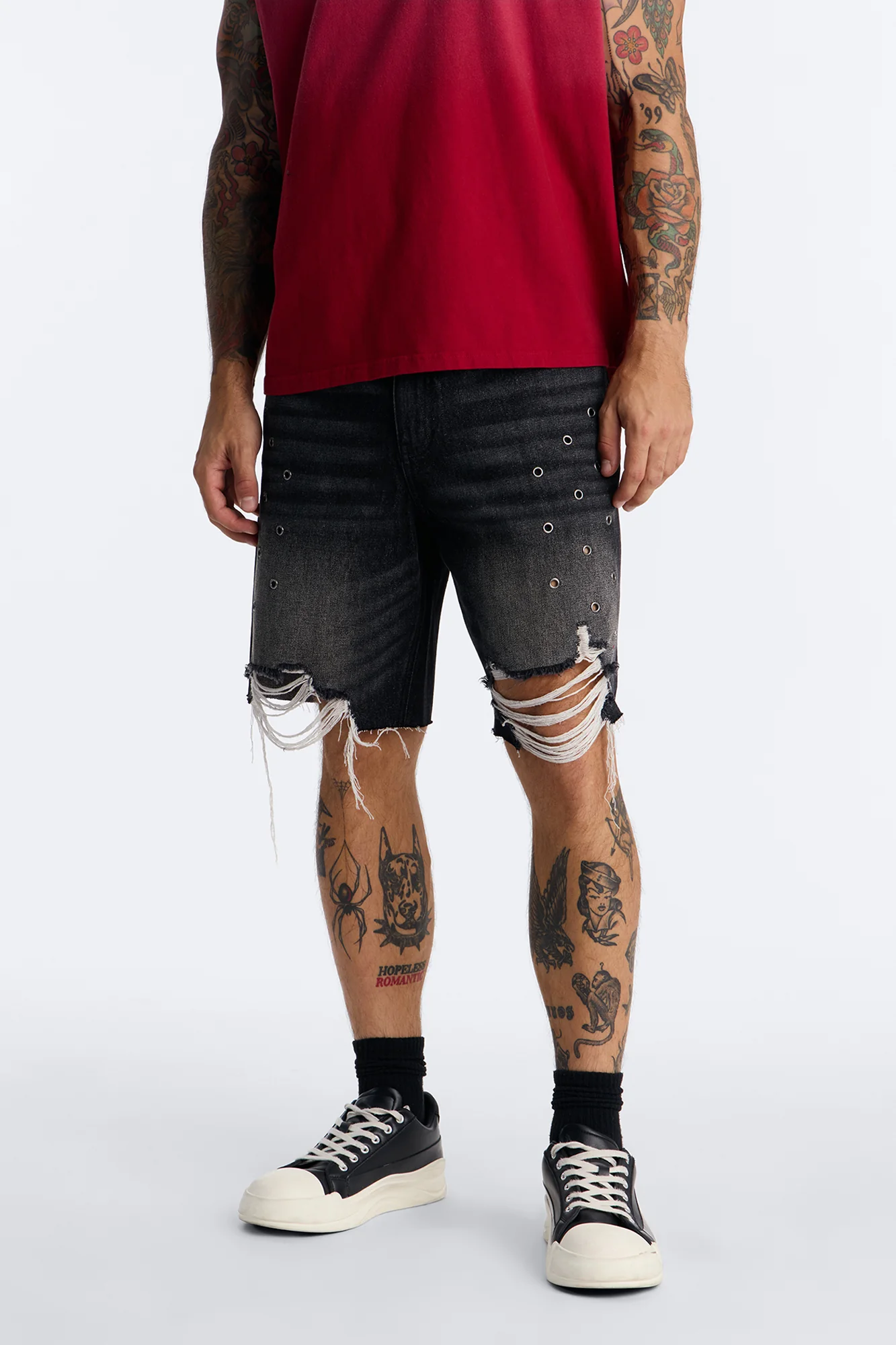 Relaxed Looking Out Distressed Grommet Denim Short - Black Wash