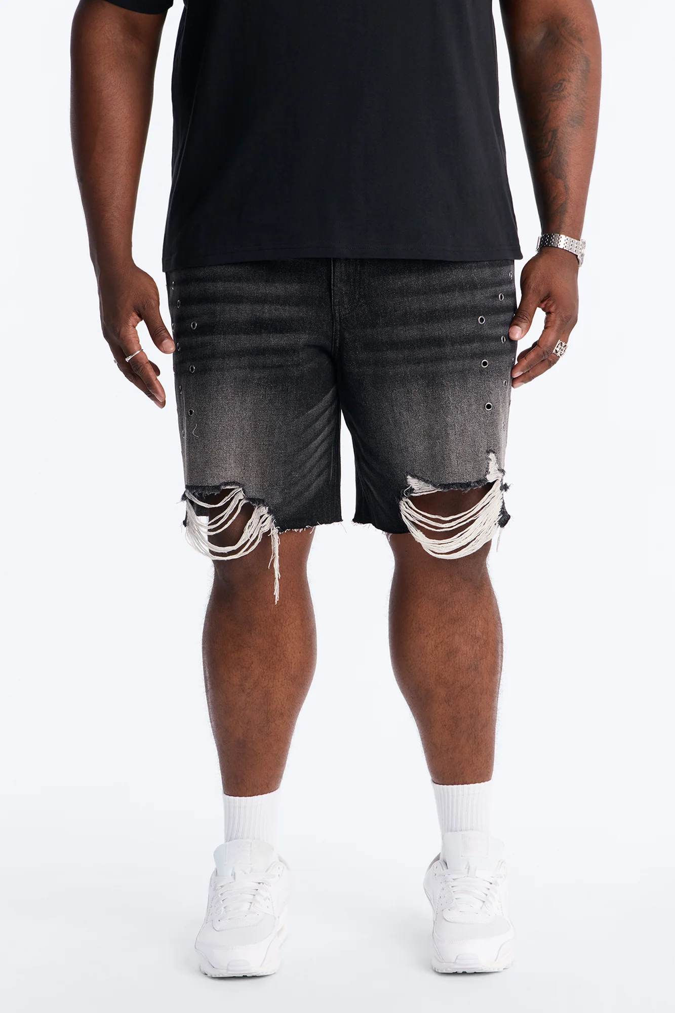 Relaxed Looking Out Distressed Grommet Denim Short - Black Wash - Image 5