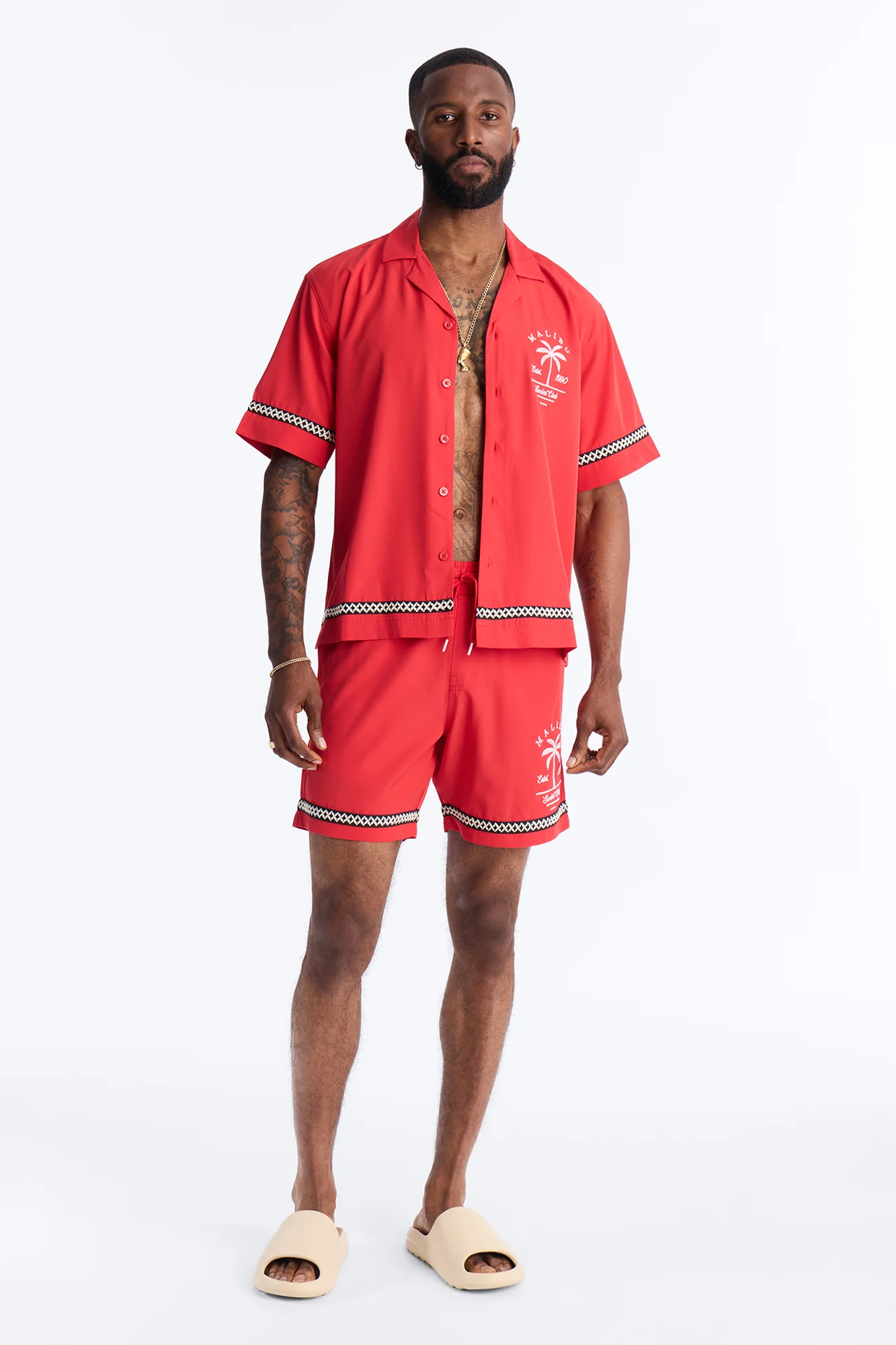 Relaxed Malibu Social Club Cuban Collar Button Up Shirt - Red - Image 2