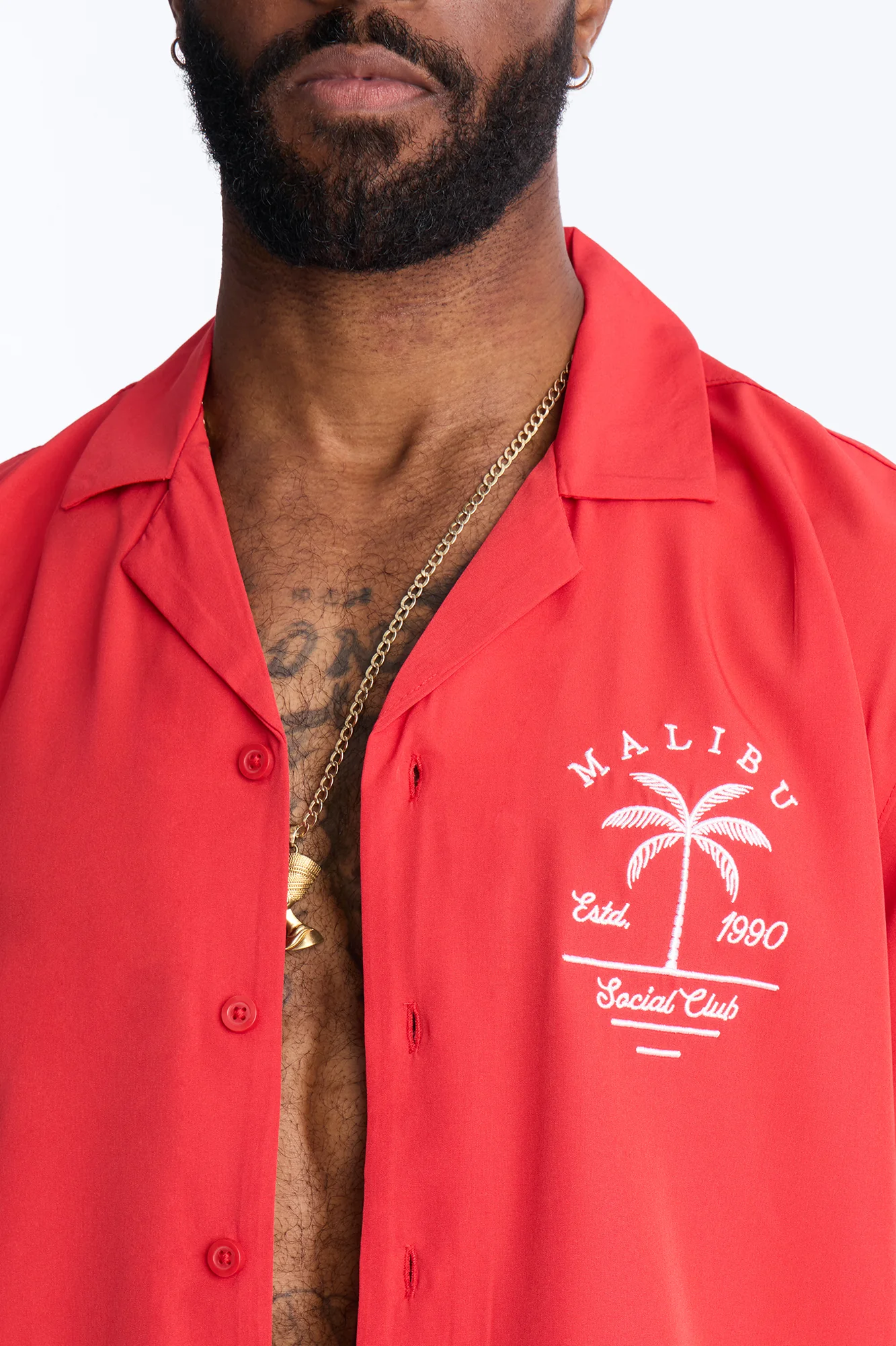 Relaxed Malibu Social Club Cuban Collar Button Up Shirt - Red - Image 3