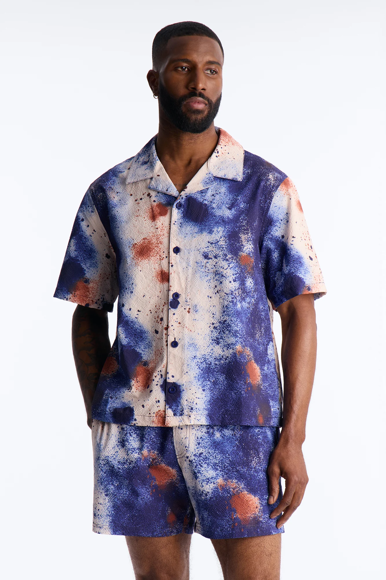Relaxed Oxide Seersucker Cuban Button Up Shirt - Multi Color