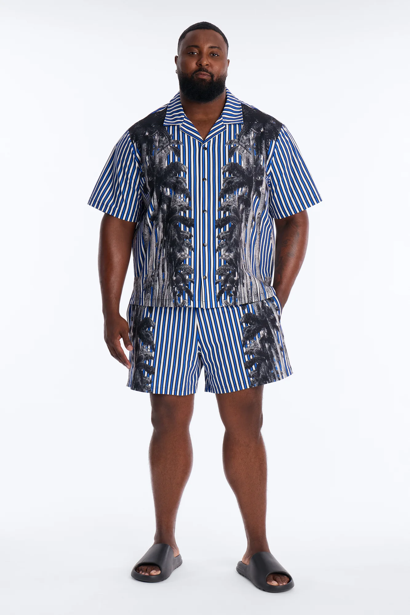 Relaxed Palm Haven Striped Seersucker Cuban Collar Button Up Shirt - Blue - Image 6