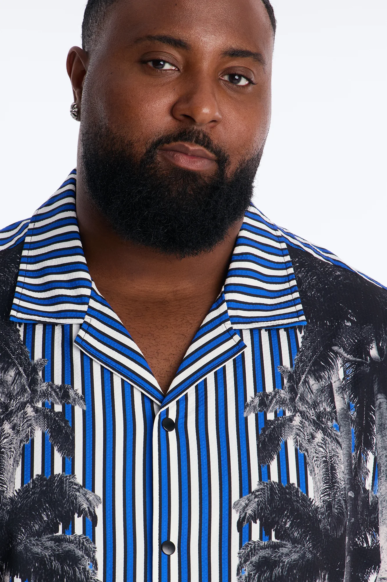 Relaxed Palm Haven Striped Seersucker Cuban Collar Button Up Shirt - Blue - Image 7