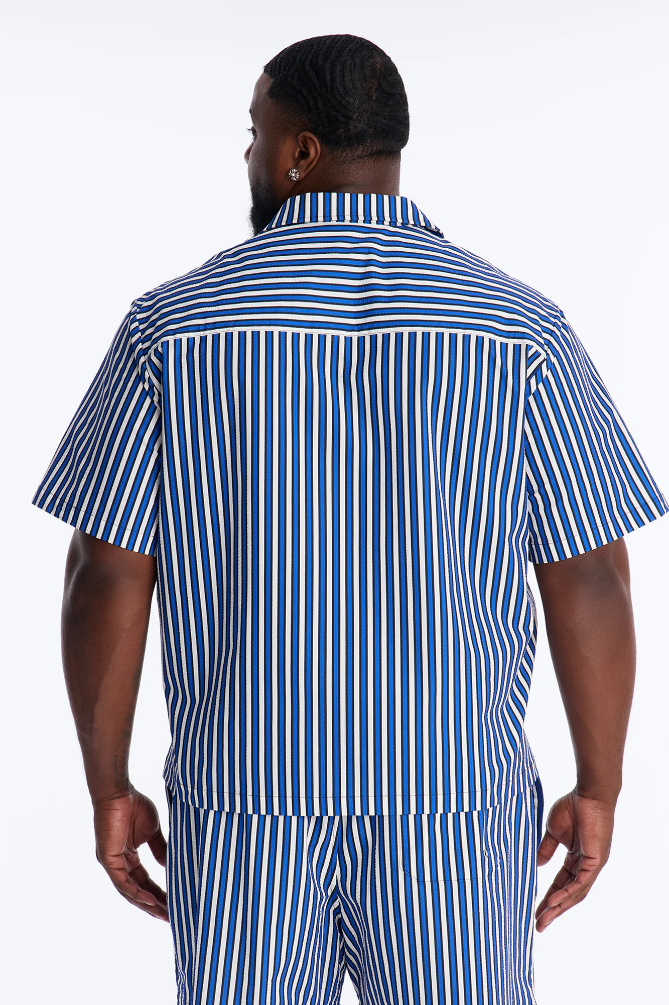 Relaxed Palm Haven Striped Seersucker Cuban Collar Button Up Shirt - Blue - Image 8
