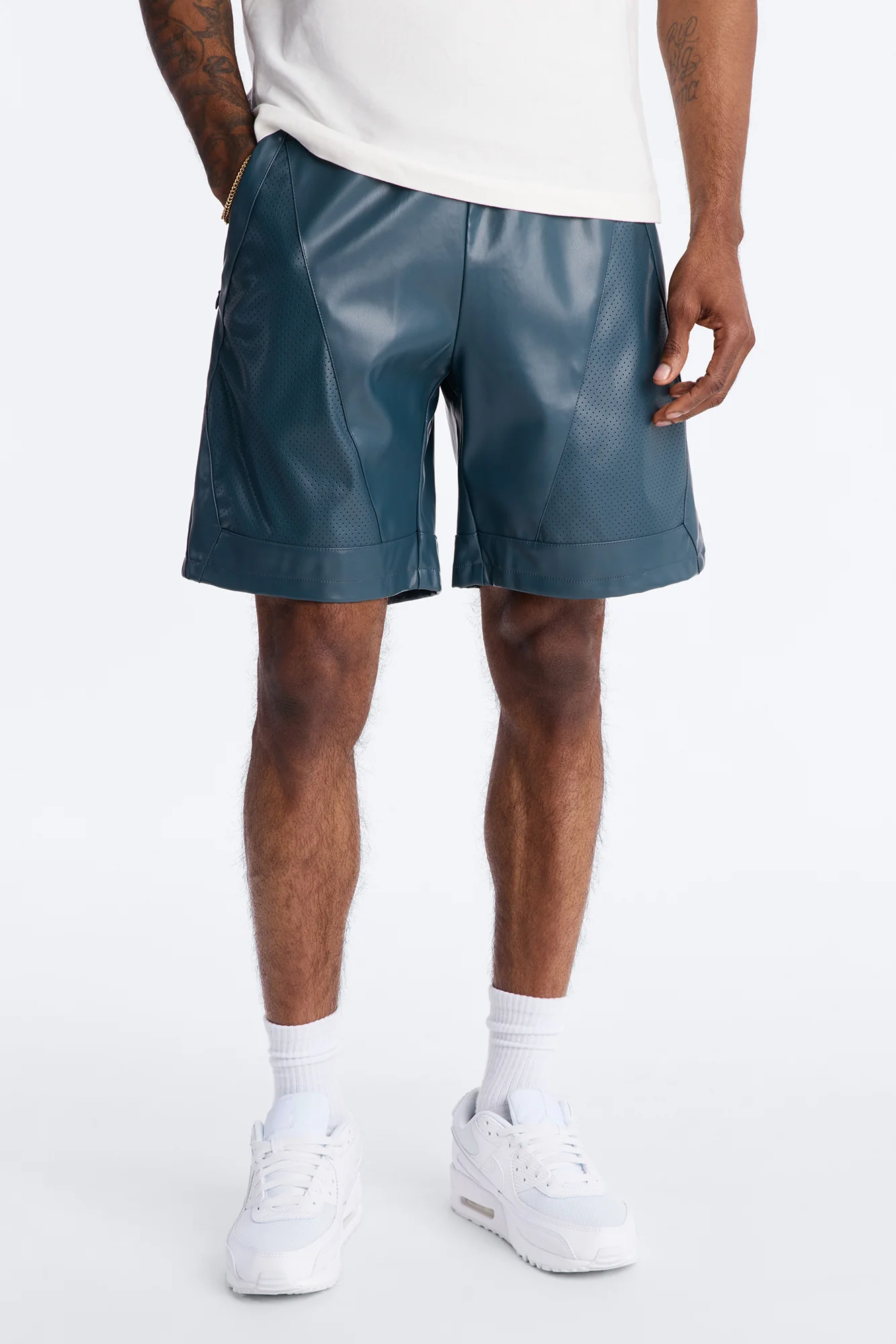Relaxed Perforated Faux Leather Short - Navy