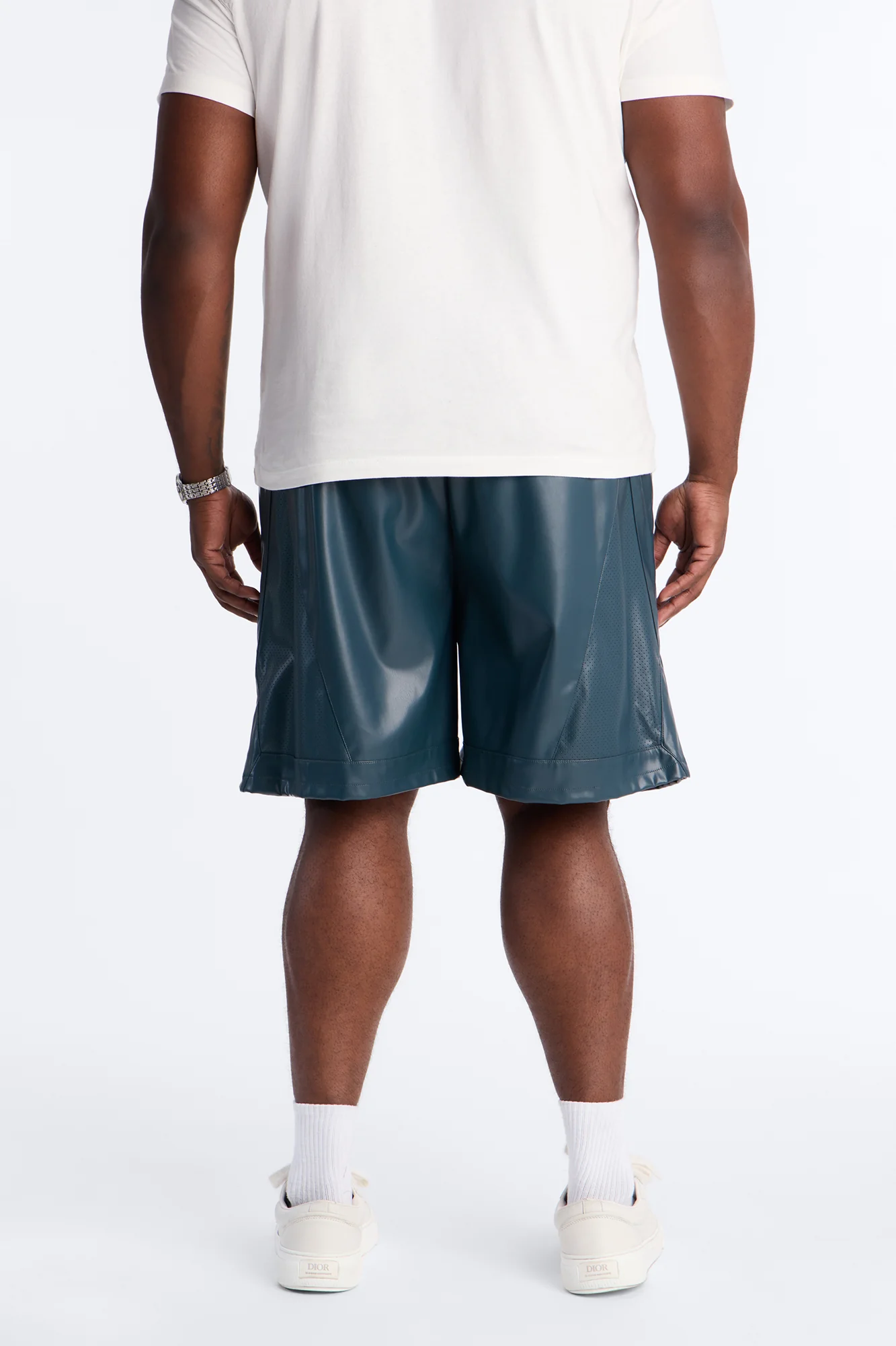 Relaxed Perforated Faux Leather Short - Navy - Image 6
