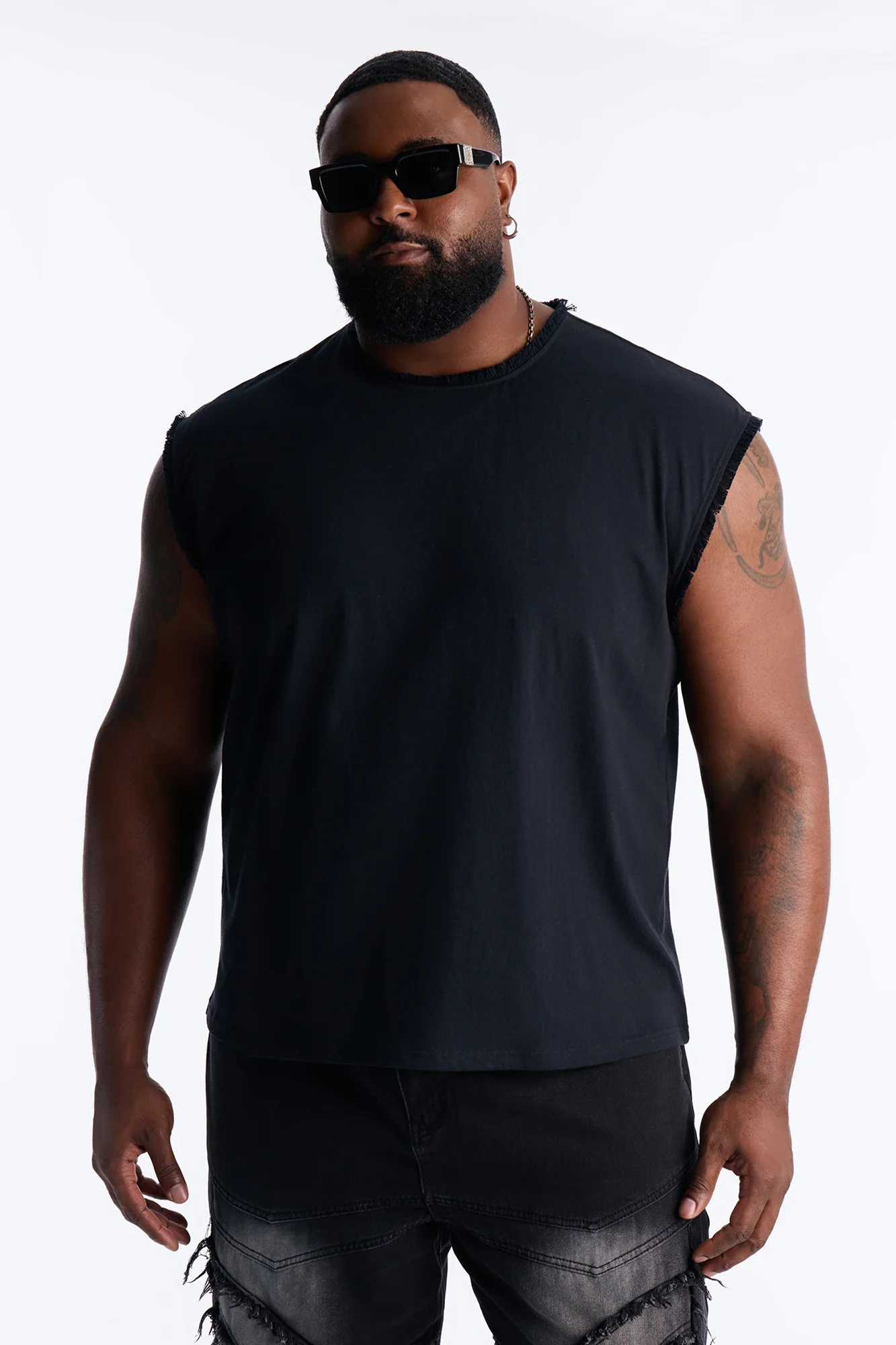 Relaxed Raw Edge Muscle Tee - Black - Image 5