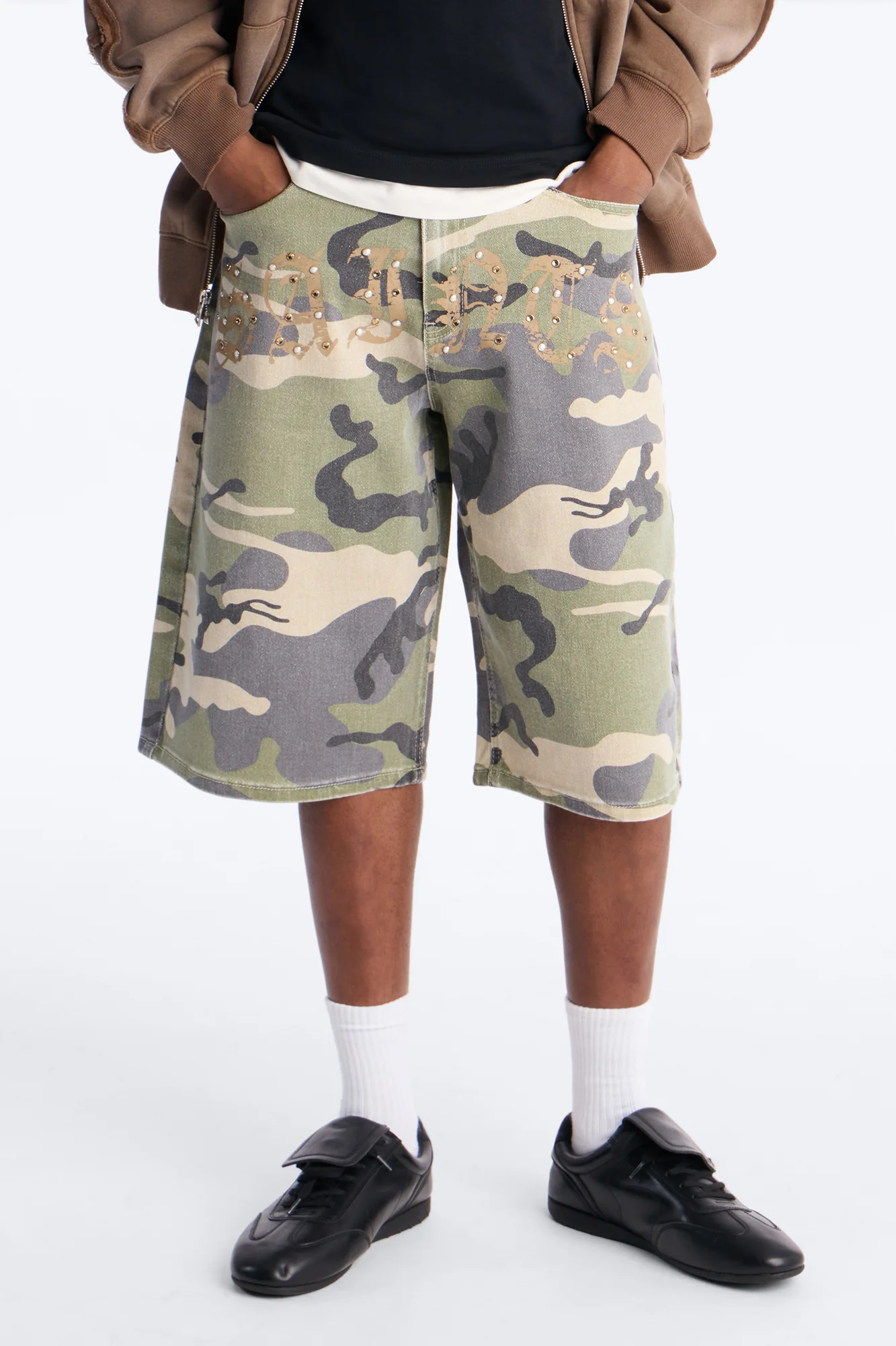 Relaxed Saints Embellished Camo Denim Shorts - Camouflage