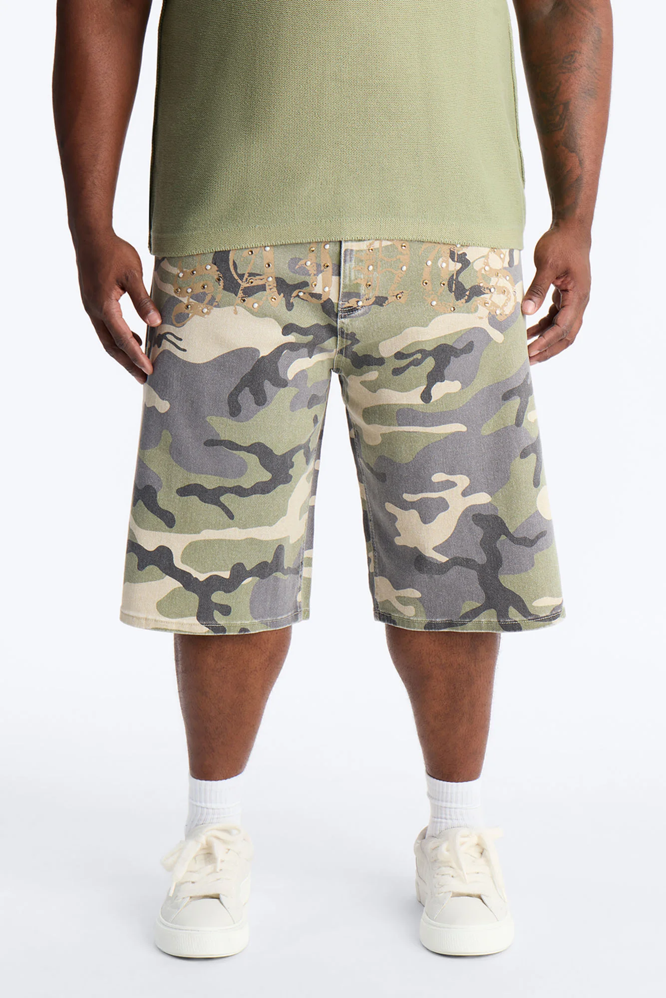 Relaxed Saints Embellished Camo Denim Shorts - Camouflage - Image 6