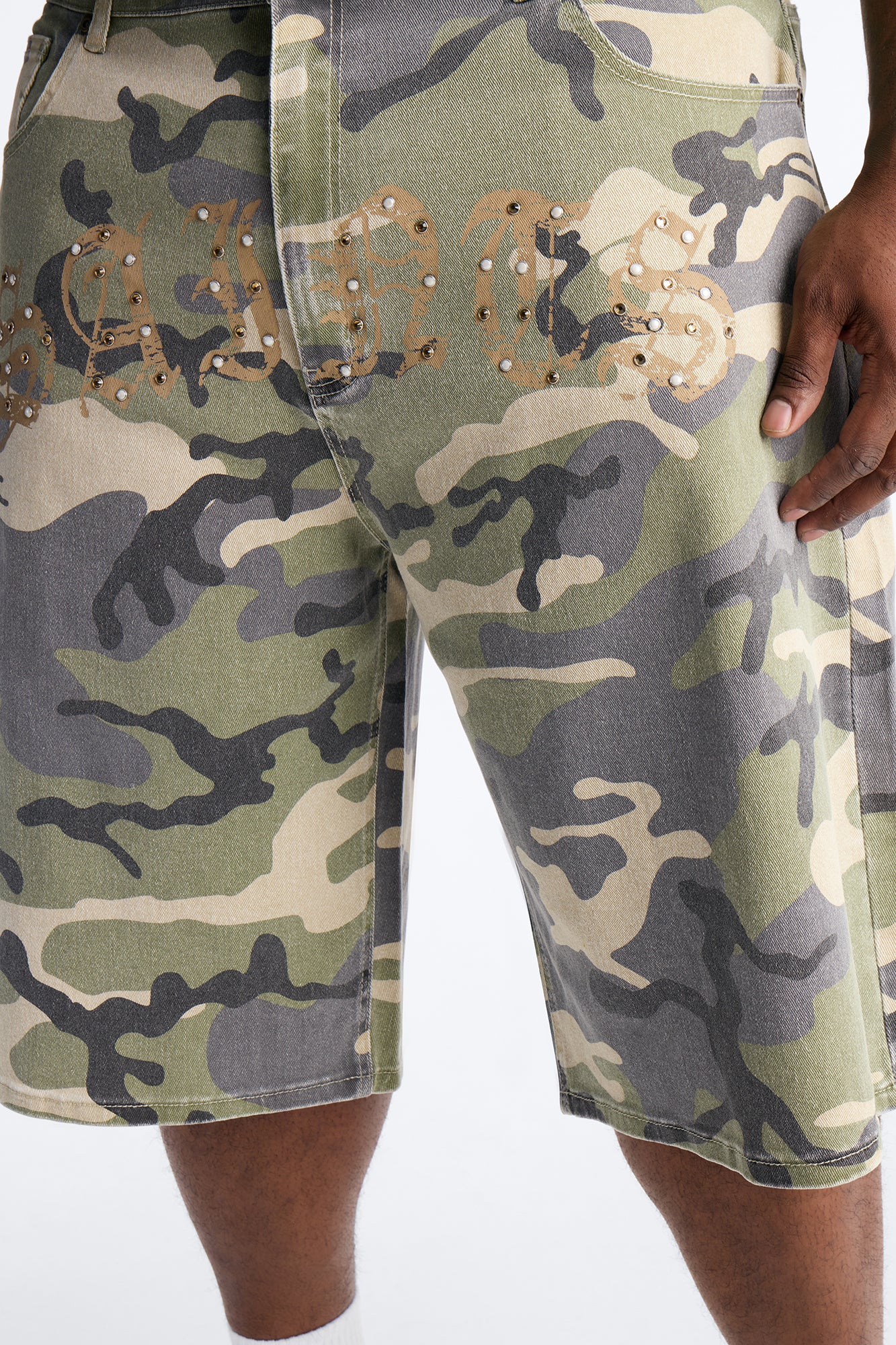 Relaxed Saints Embellished Camo Denim Shorts - Camouflage - Image 9