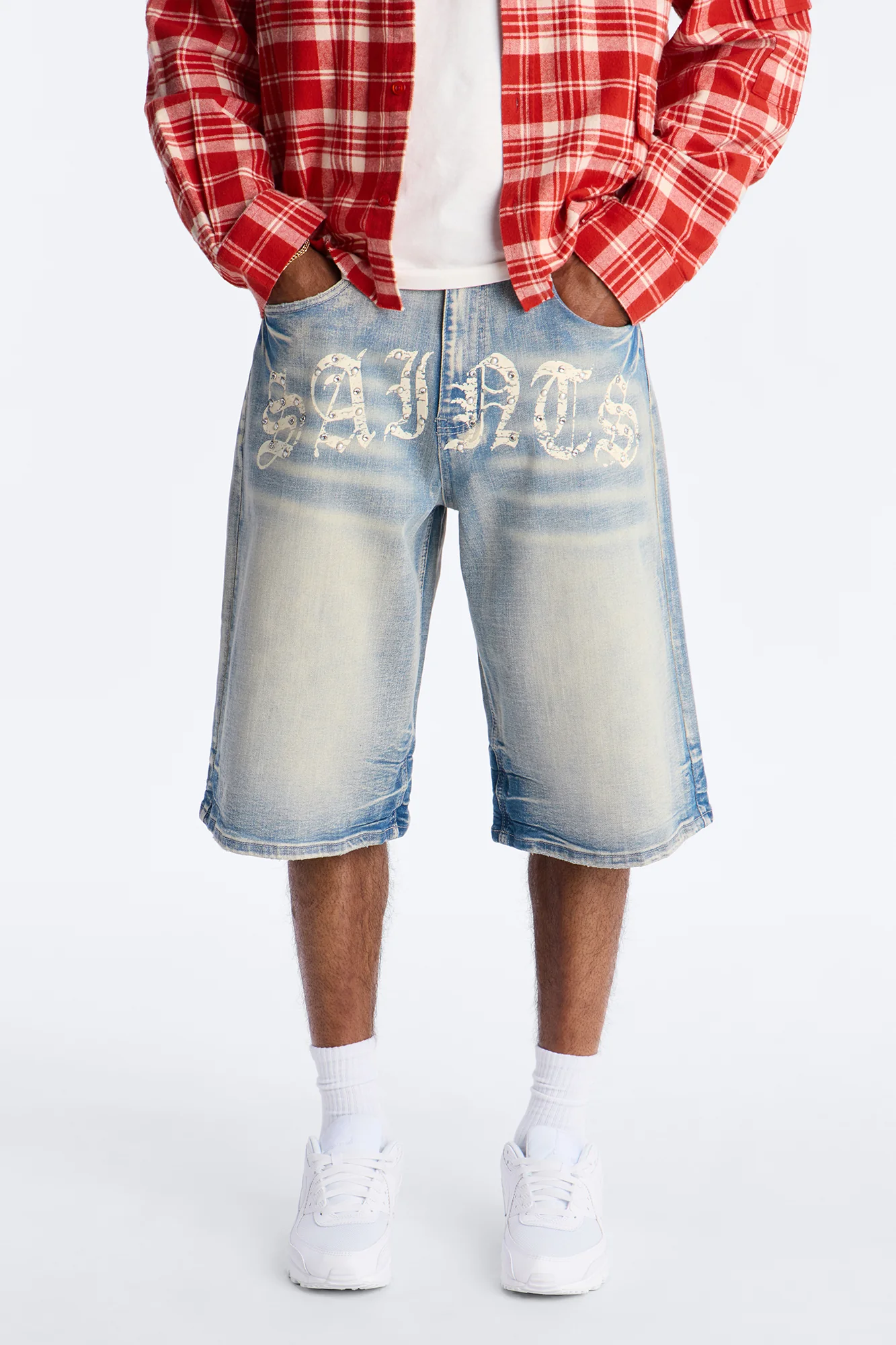 Relaxed Saints Embellished Denim Shorts - Light Blue Wash