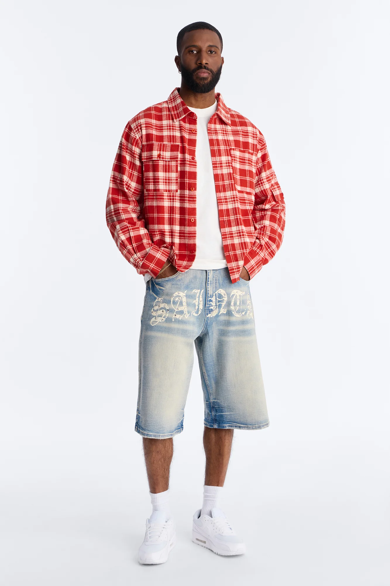 Relaxed Saints Embellished Denim Shorts - Light Blue Wash - Image 2