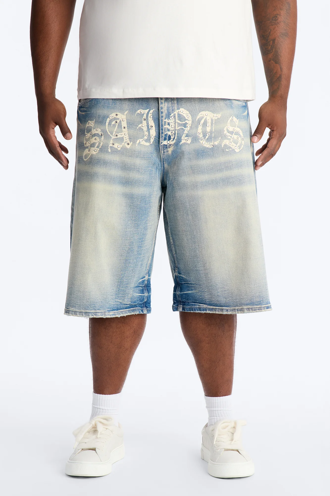 Relaxed Saints Embellished Denim Shorts - Light Blue Wash - Image 6