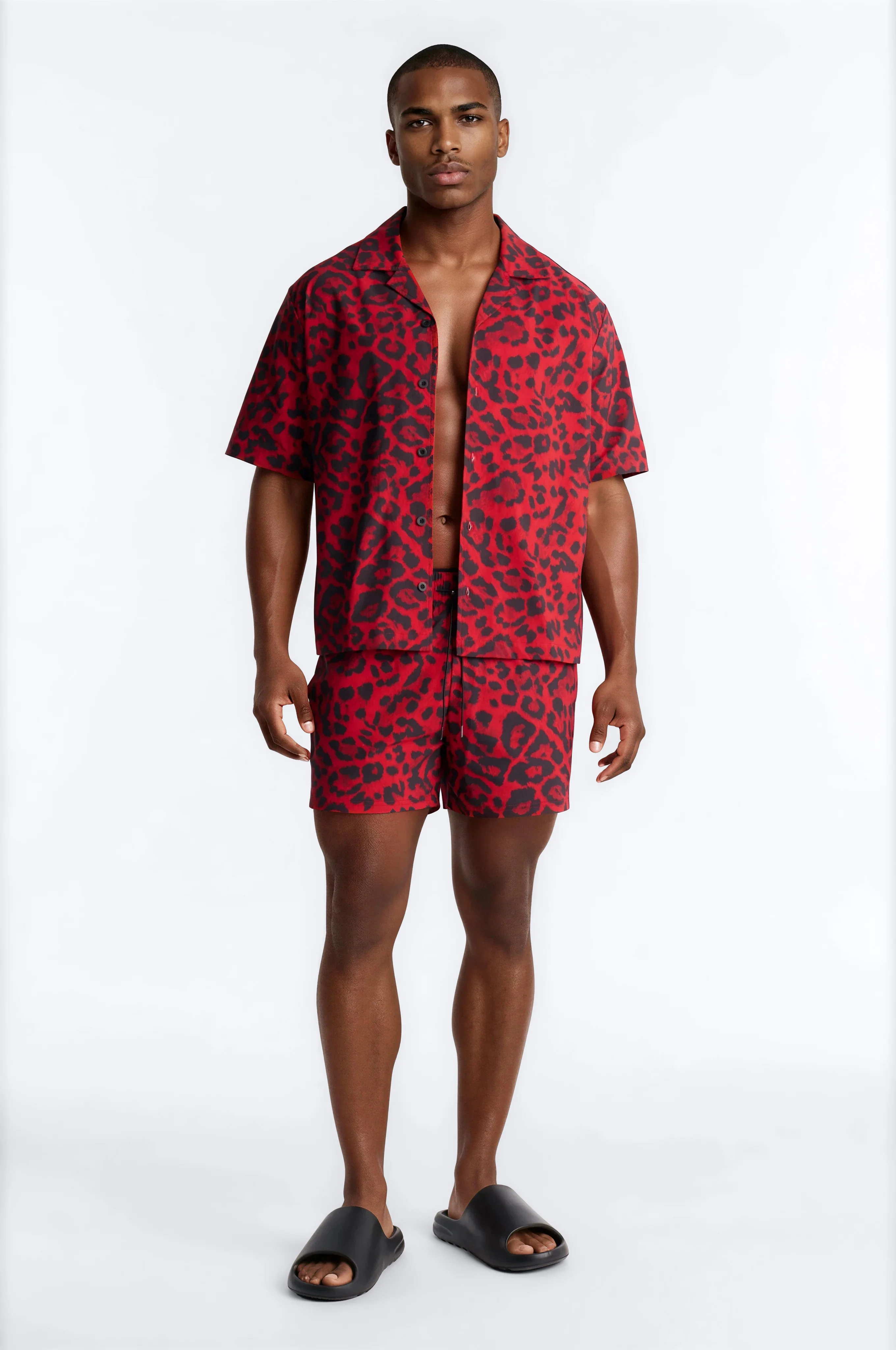 Relaxed Savage Club Leopard Print Cuban Collar Button Up Shirt - Red - Image 2