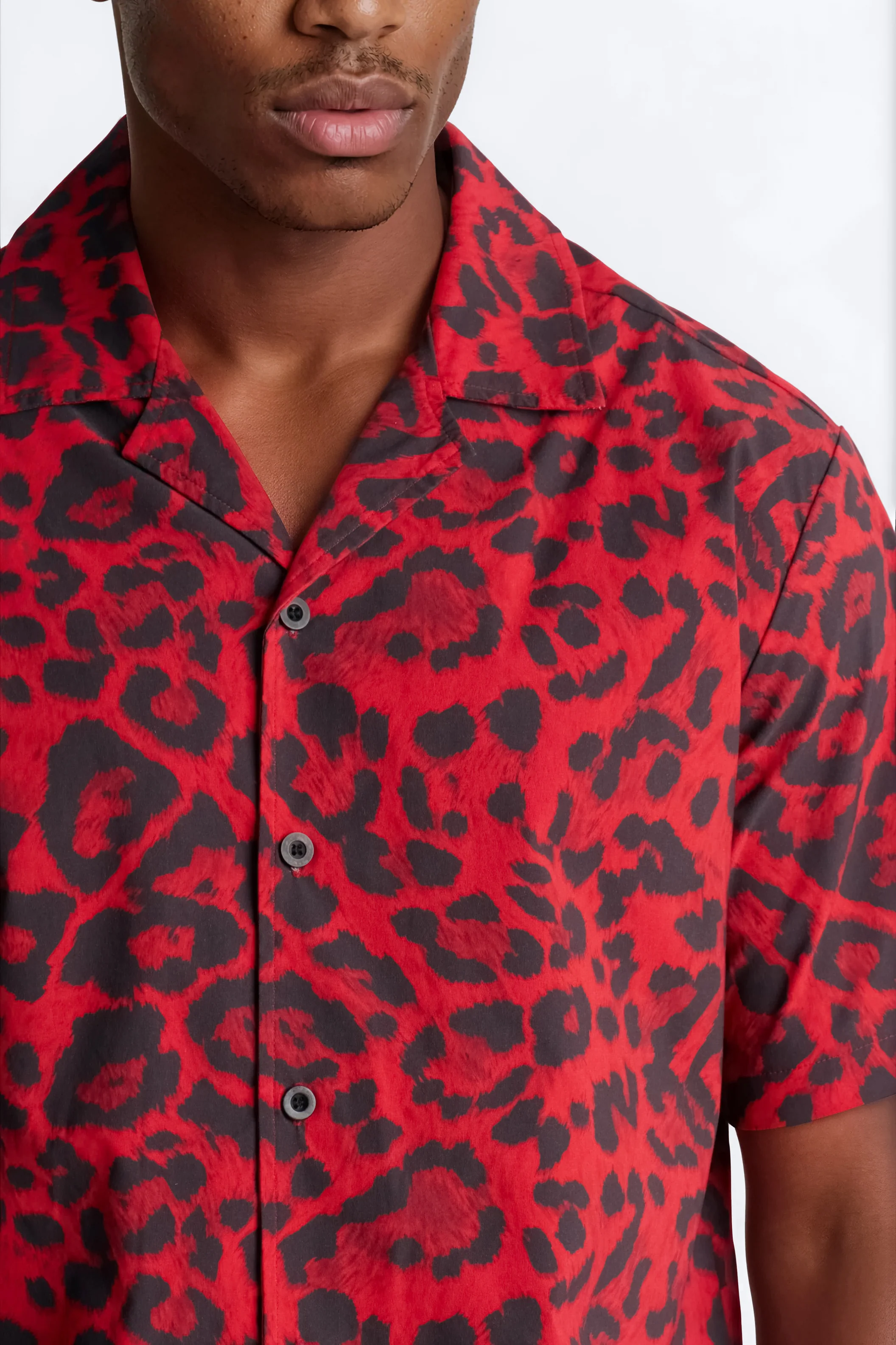 Relaxed Savage Club Leopard Print Cuban Collar Button Up Shirt - Red - Image 3