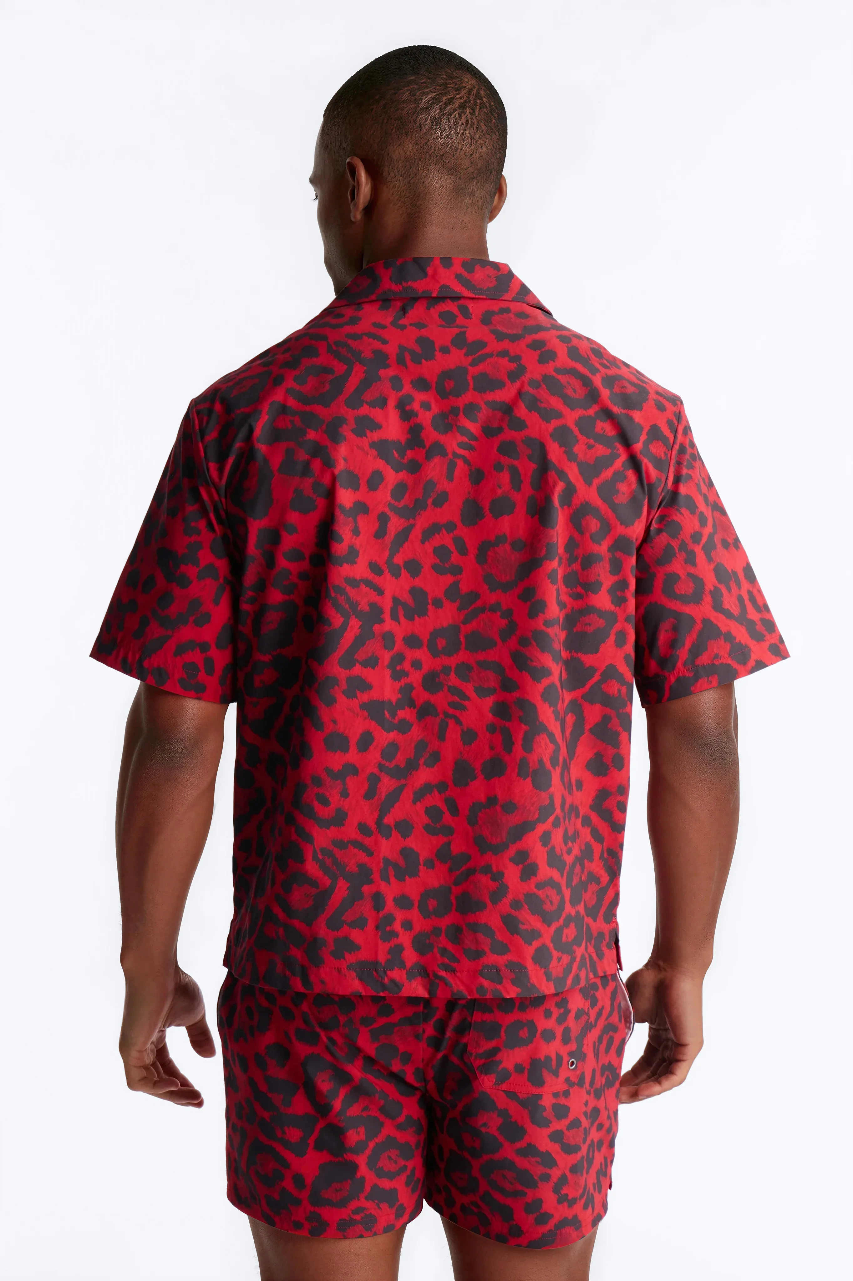 Relaxed Savage Club Leopard Print Cuban Collar Button Up Shirt - Red - Image 4