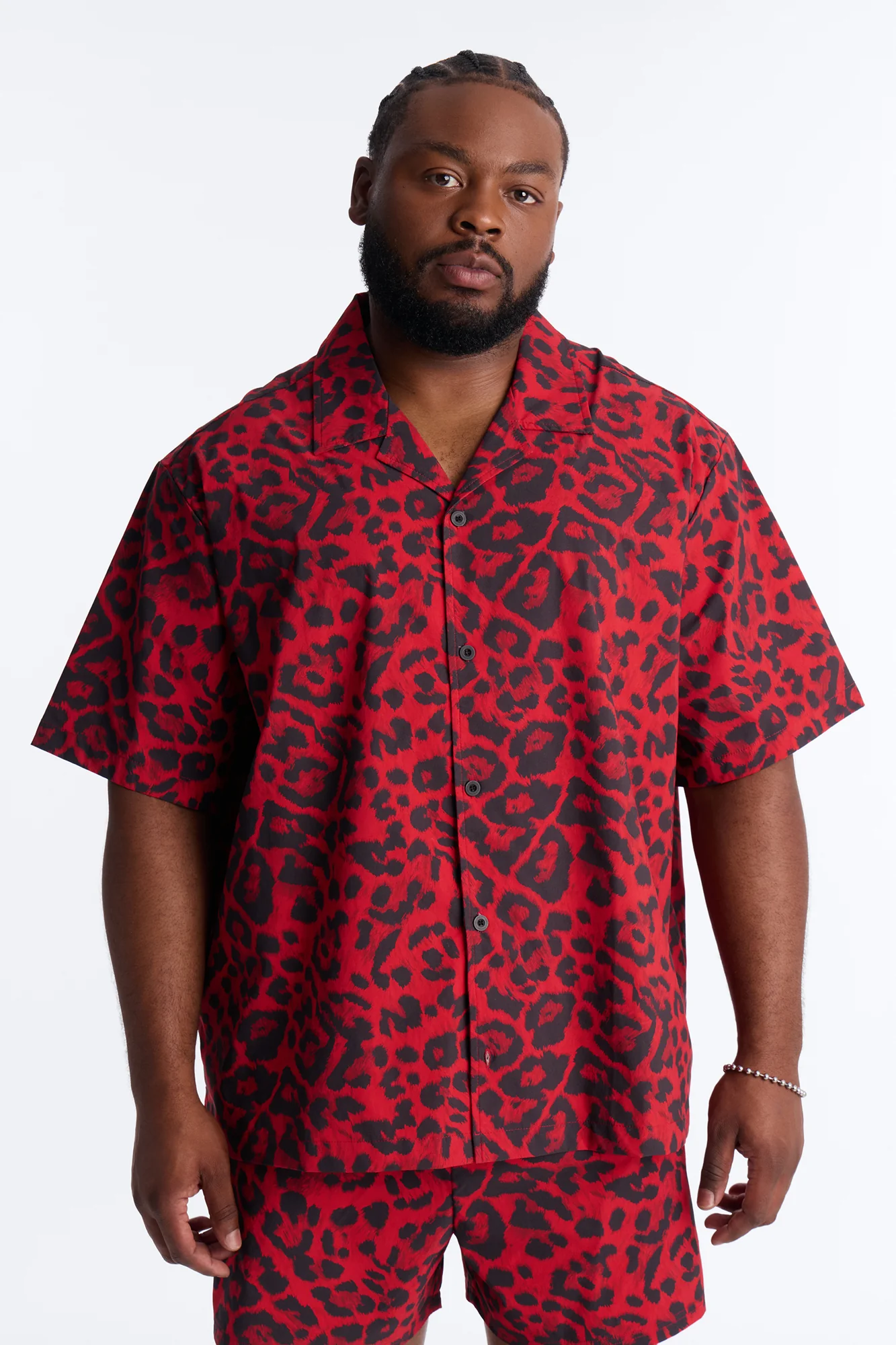 Relaxed Savage Club Leopard Print Cuban Collar Button Up Shirt - Red - Image 5