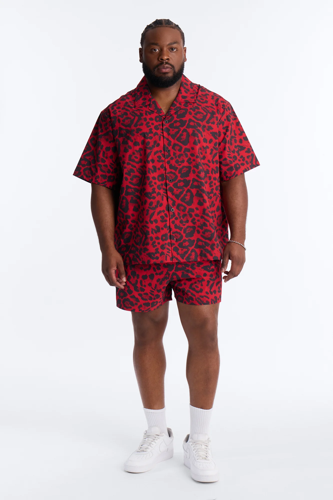 Relaxed Savage Club Leopard Print Cuban Collar Button Up Shirt - Red - Image 6