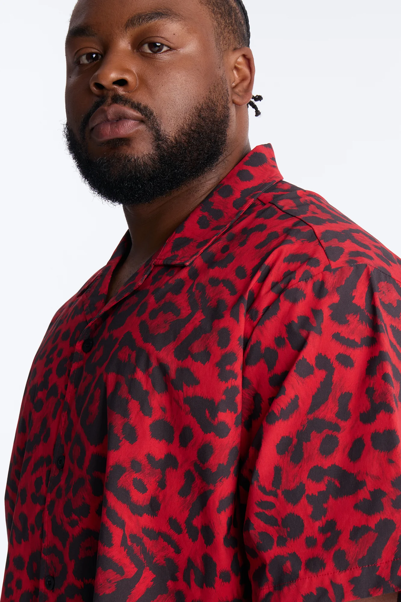 Relaxed Savage Club Leopard Print Cuban Collar Button Up Shirt - Red - Image 7