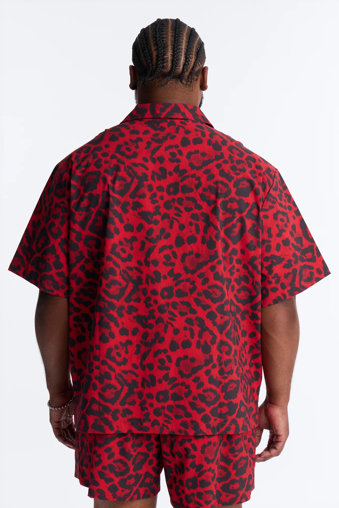 Relaxed Savage Club Leopard Print Cuban Collar Button Up Shirt - Red - Image 8