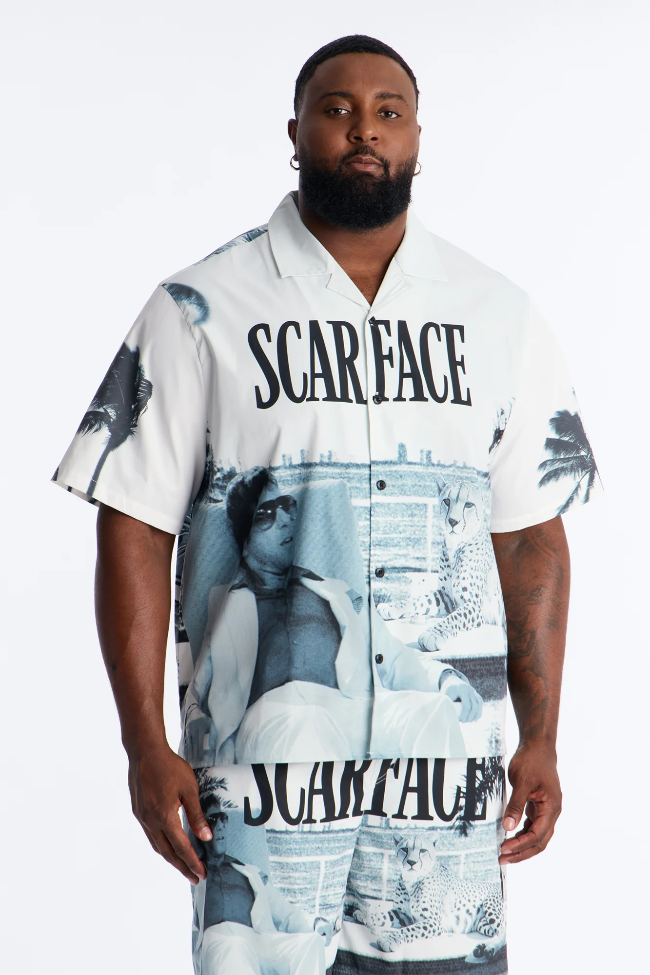 Relaxed Scarface Poolside Photoreal Cuban Collar Button Up Shirt - White - Image 4