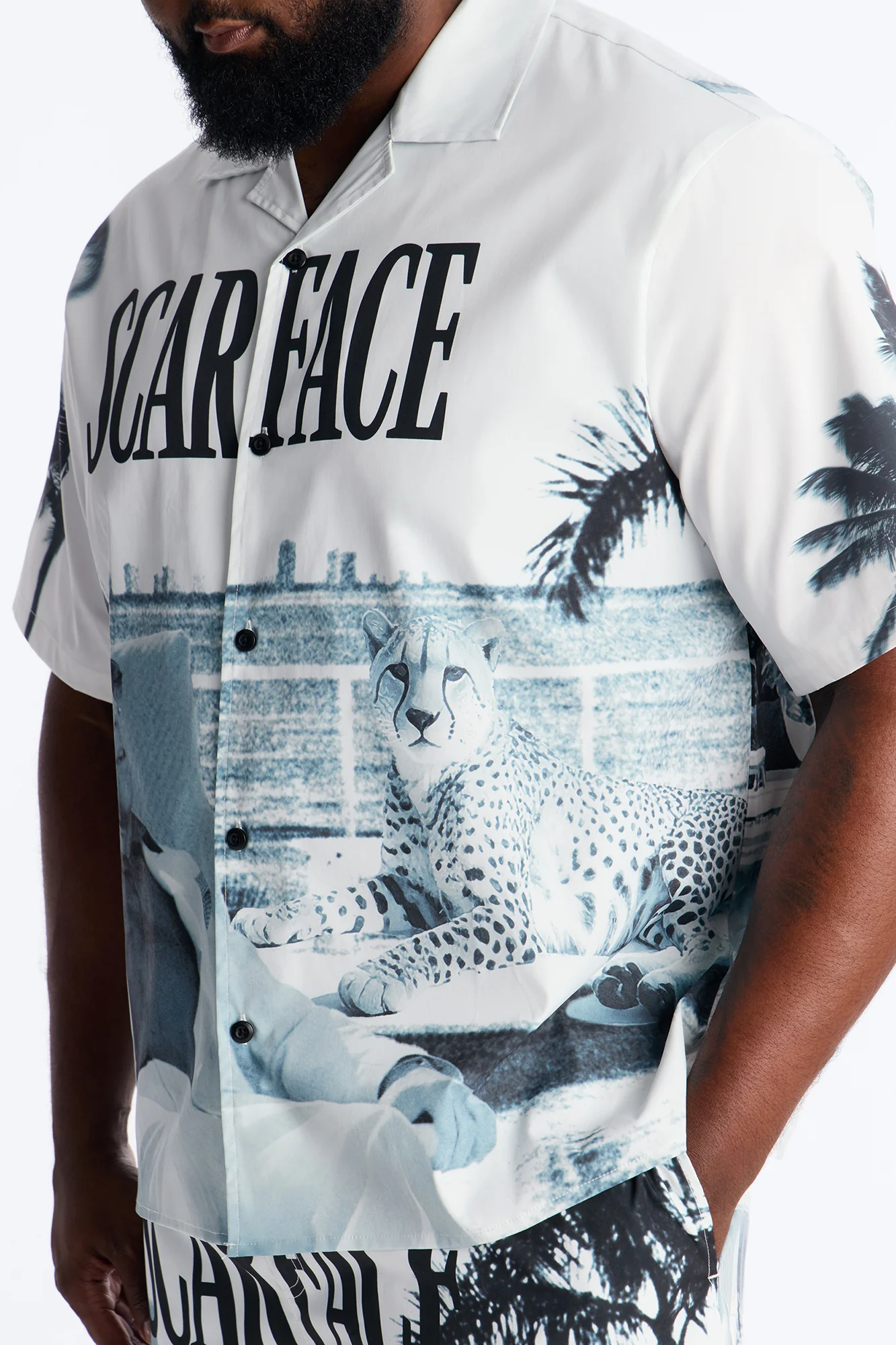 Relaxed Scarface Poolside Photoreal Cuban Collar Button Up Shirt - White - Image 6